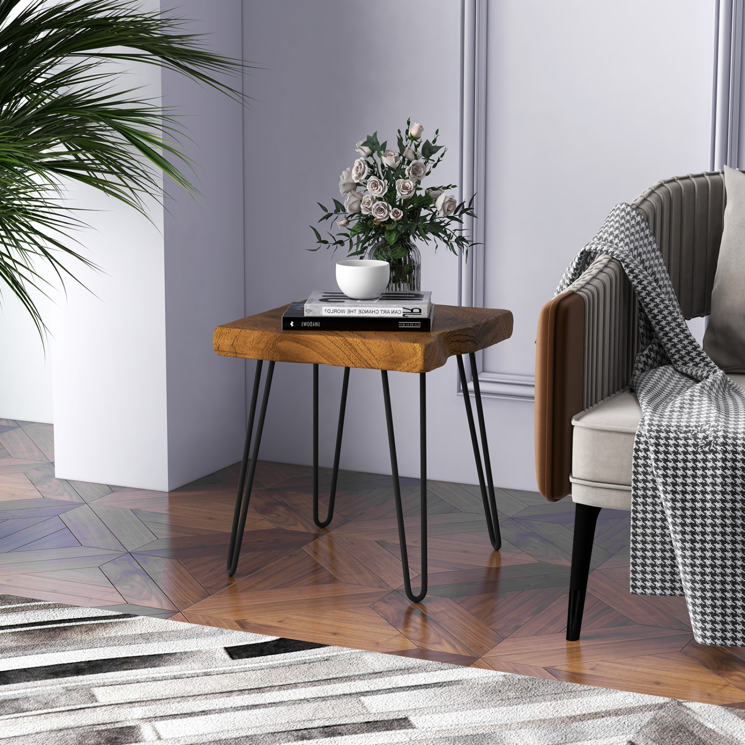 Table d'appoint d'intérieur carrée en teck massif 1PC/2pcs 16 x 16 po avec pattes en métal et table d'extrémité d'extérieur en bois massif de Topbuy