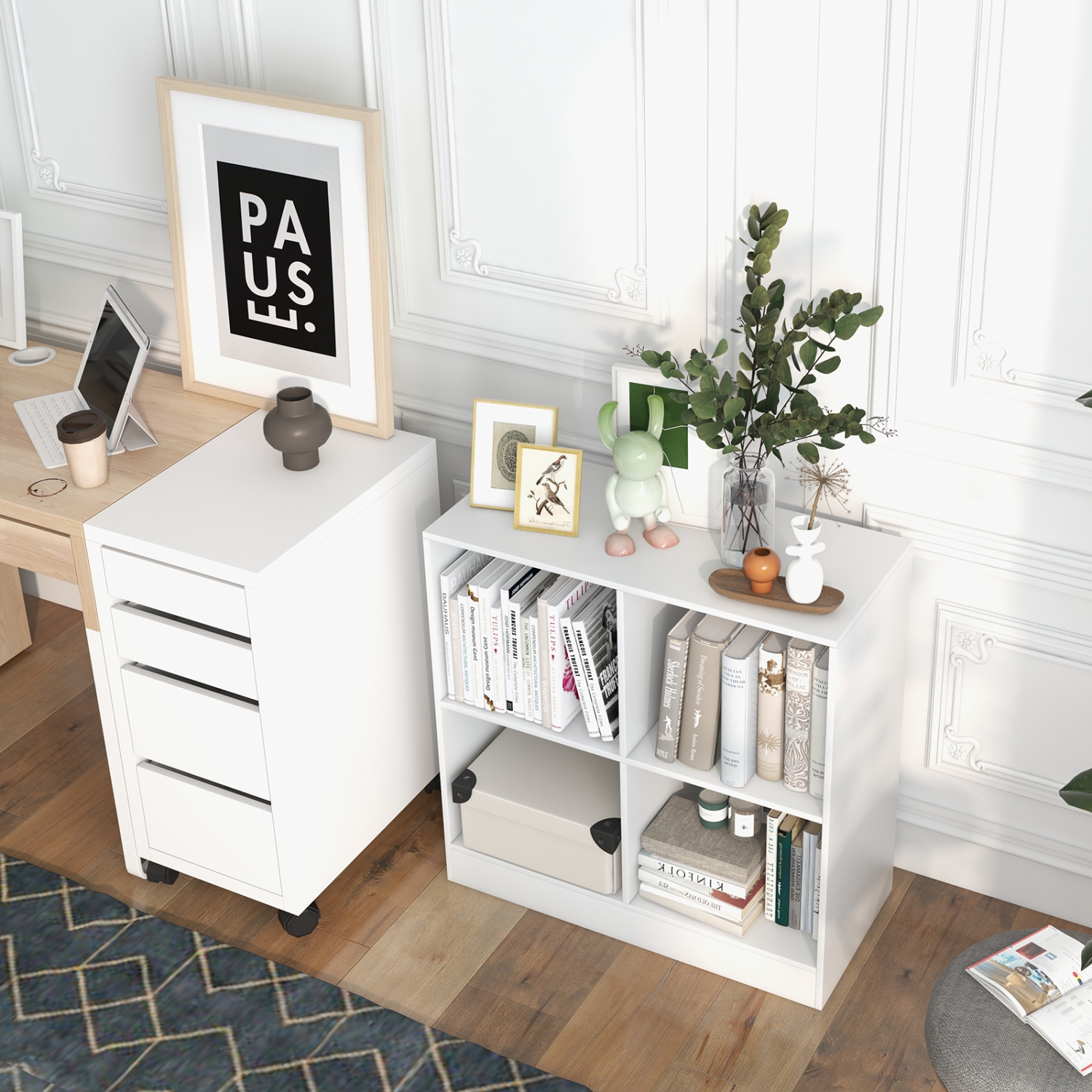 Topbuy 4-Cube Bookcase Floor Open Wooden Bookshelf with 2 Anti-Tipping Kits Modern Shelving Organizer Multipurpose Storage Cabinet Display Shelf