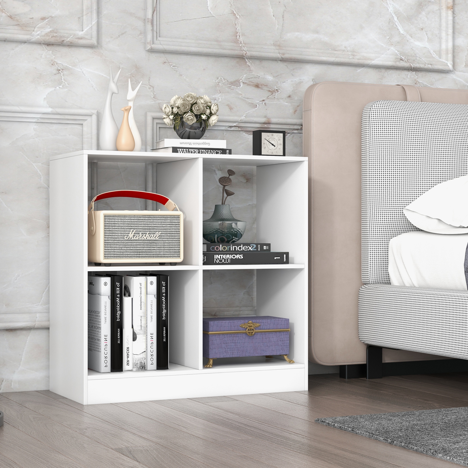 Topbuy 4-Cube Bookcase Floor Open Wooden Bookshelf with 2 Anti-Tipping Kits Modern Shelving Organizer Multipurpose Storage Cabinet Display Shelf