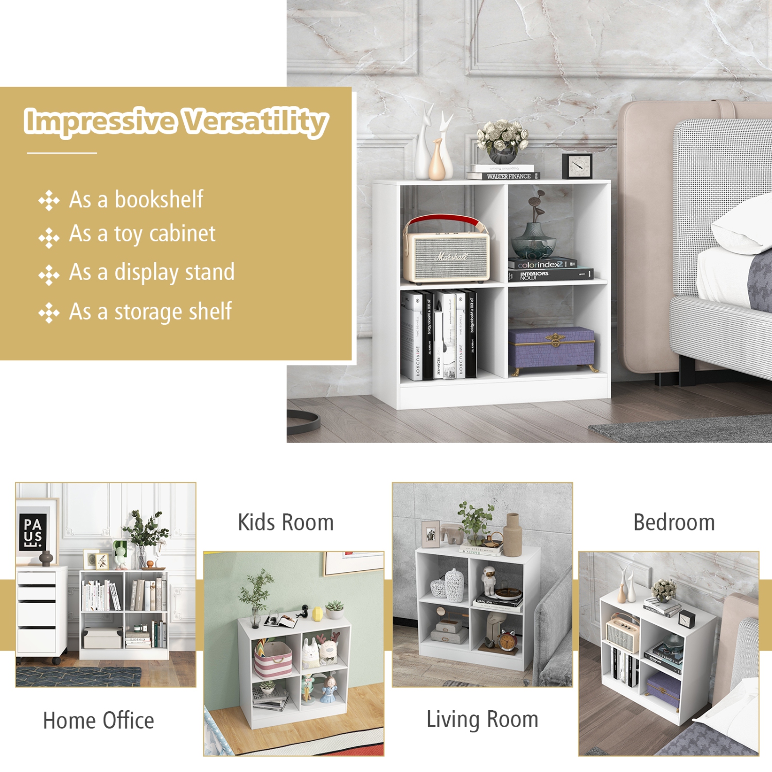 Topbuy 4-Cube Bookcase Floor Open Wooden Bookshelf with 2 Anti-Tipping Kits Modern Shelving Organizer Multipurpose Storage Cabinet Display Shelf