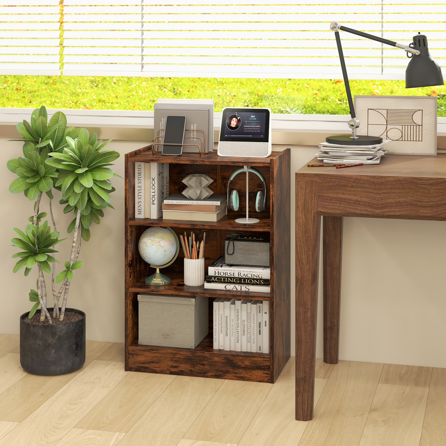 Bibliothèque 3 niveaux/cube de rangement/bibliothèque ouvert/étagère/présentoir au sol/tablettes réglables de Topbuy - Brun rustique/Noir/Blanc