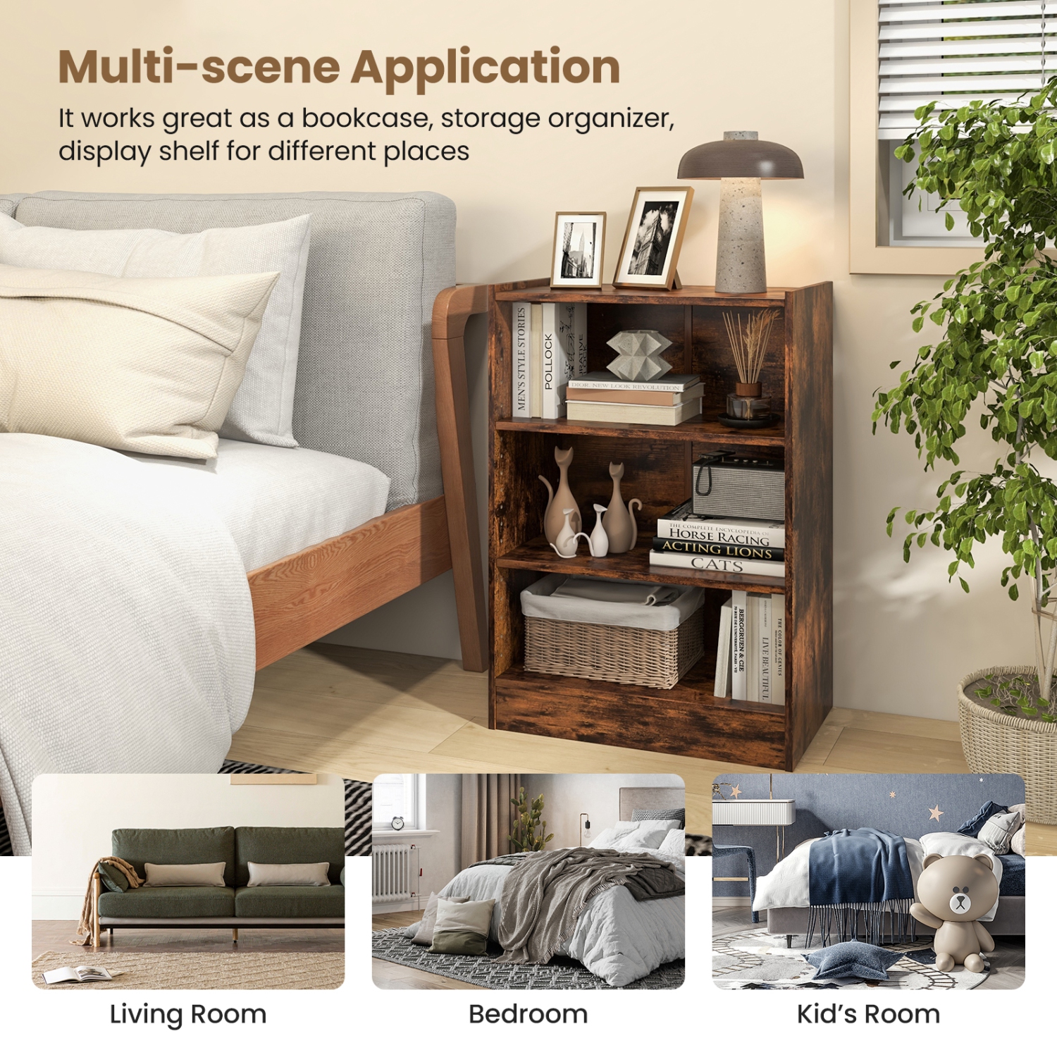 Bibliothèque 3 niveaux/cube de rangement/bibliothèque ouvert/étagère/présentoir au sol/tablettes réglables de Topbuy - Brun rustique/Noir/Blanc