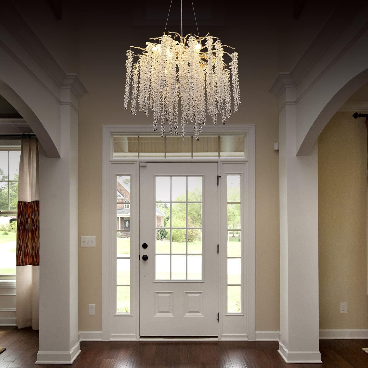 Akeelighting Gold Crystal Chandeliers Modern Tree Branch Chandelier Dining Room Foyer Bedroom Chandelier Lighting Round Hanging Ceiling Light Fixture