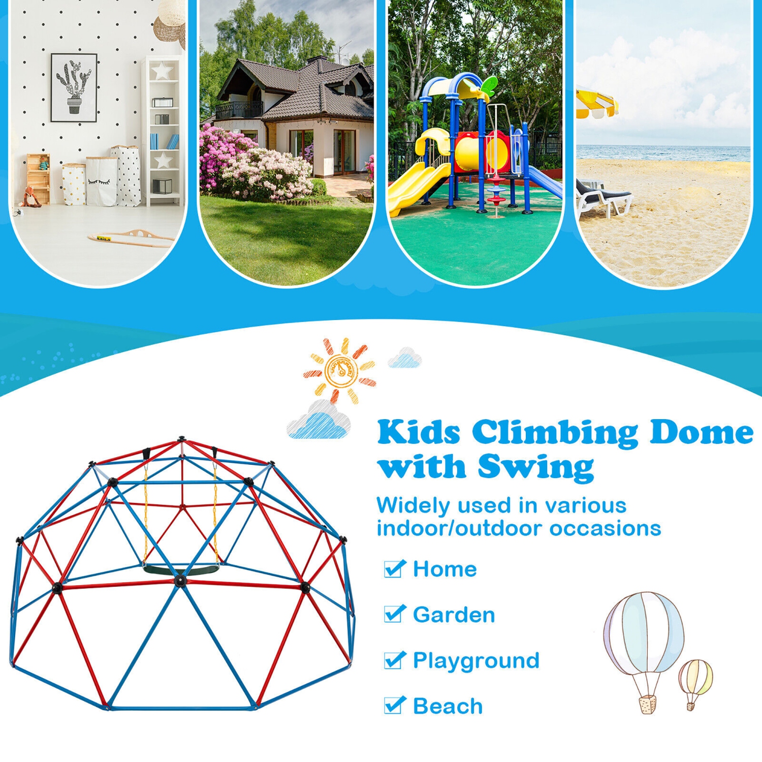 Gymax 10 FT Climbing Dome with Swing Outdoor Kids Play Jungle Gym Red and Blue