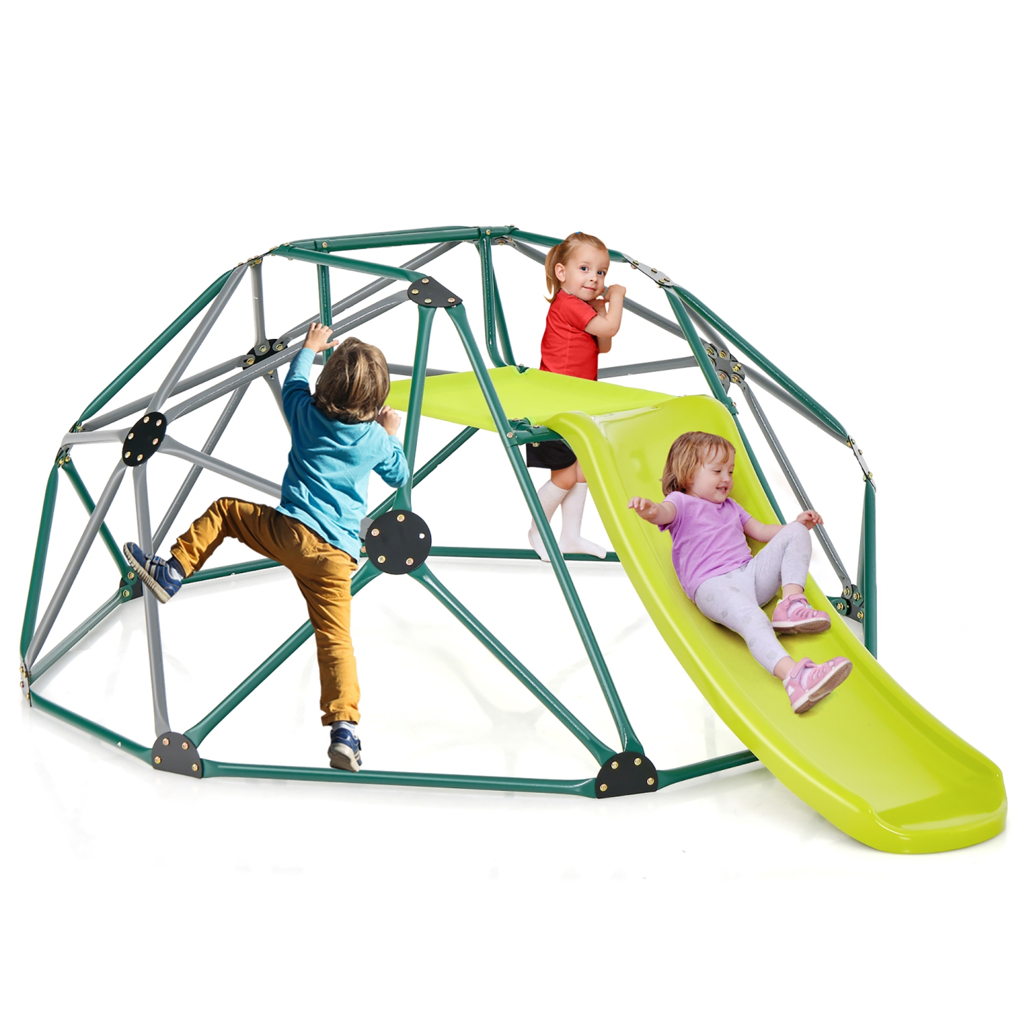 Gymax 8FT Climbing Dome w/ Slide Outdoor Kids Jungle Gym Dome Climber Green & Gray