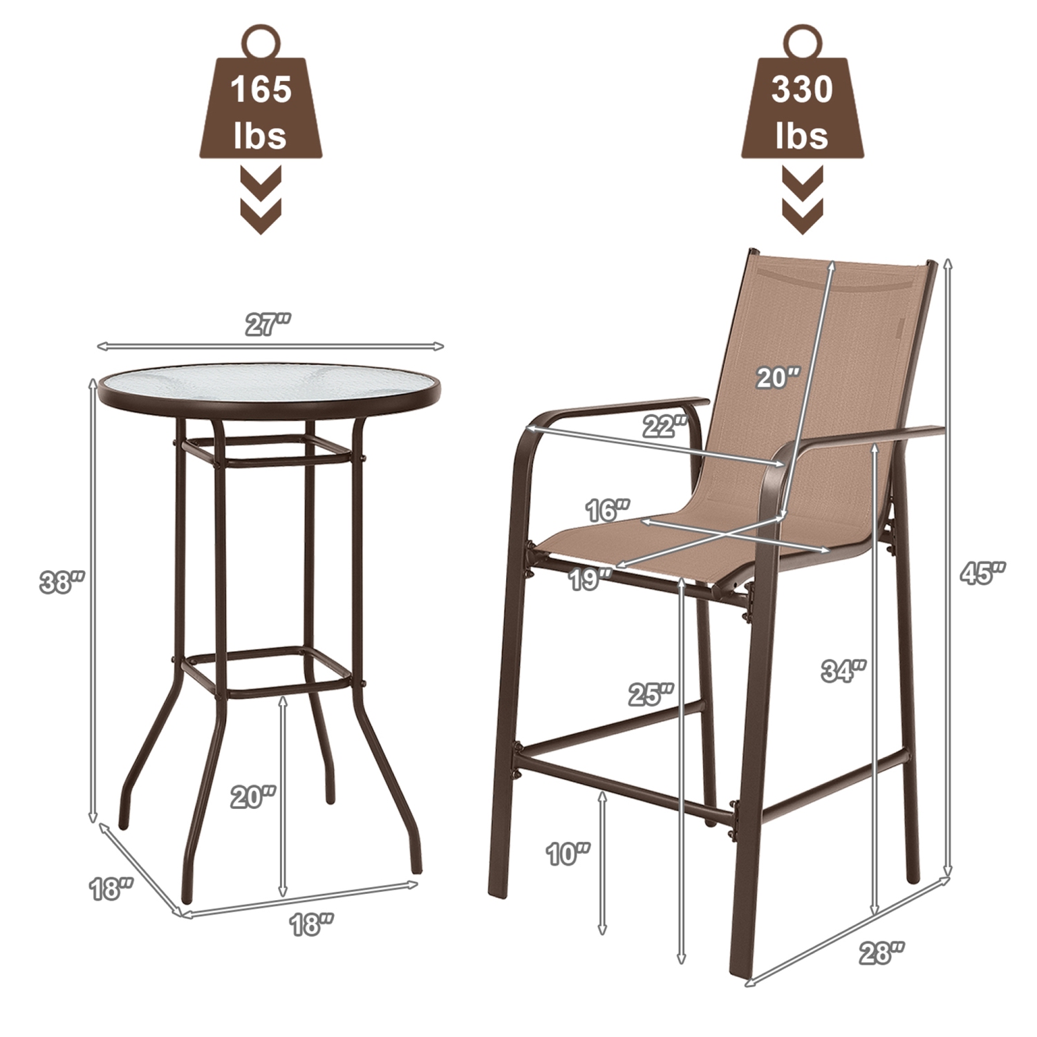 Gymax 3PCS Patio Bar Set Outdoor Bistro Set w/ 2 Stools & 1 Tempered Glass Table Brown