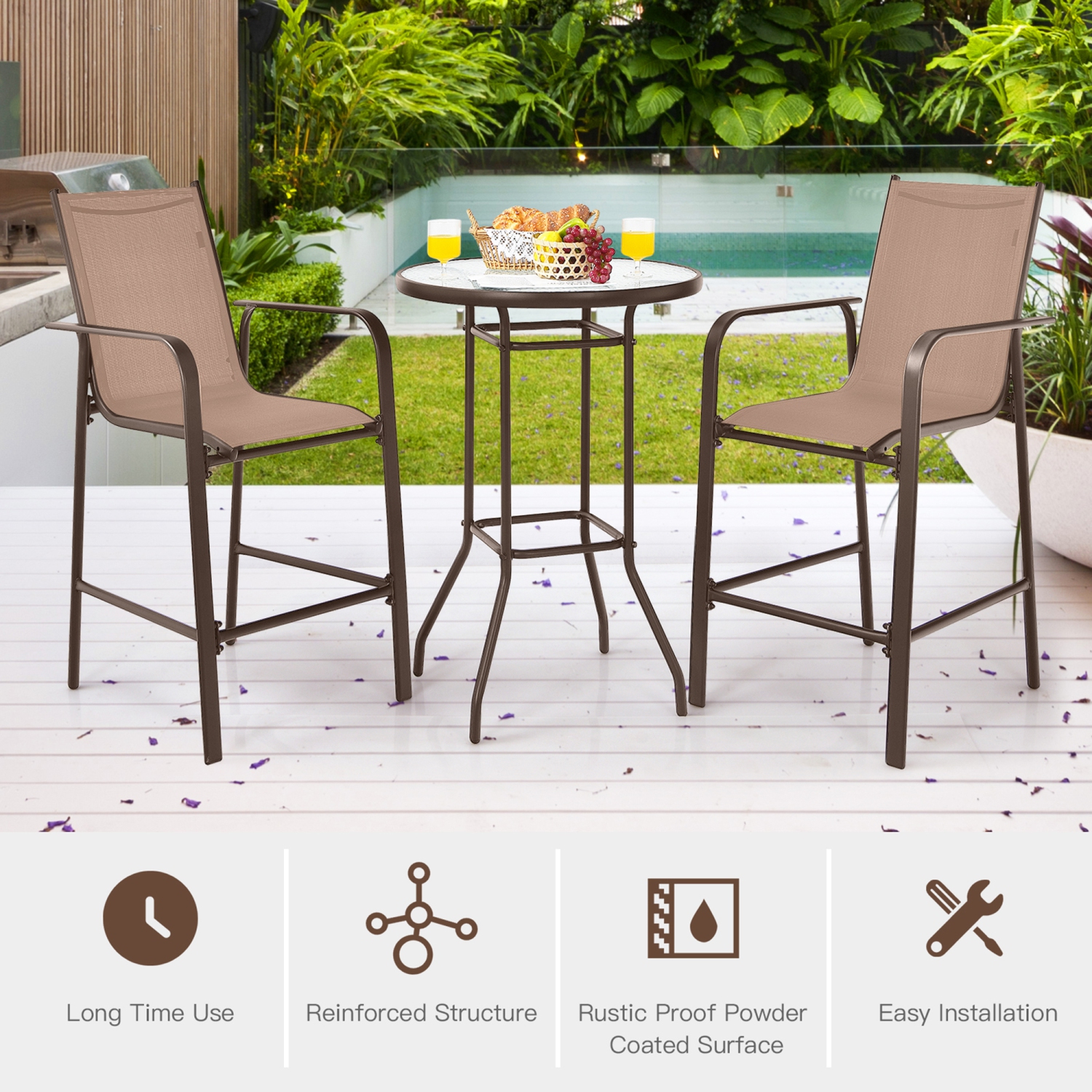 Gymax 3PCS Patio Bar Set Outdoor Bistro Set w/ 2 Stools & 1 Tempered Glass Table Brown