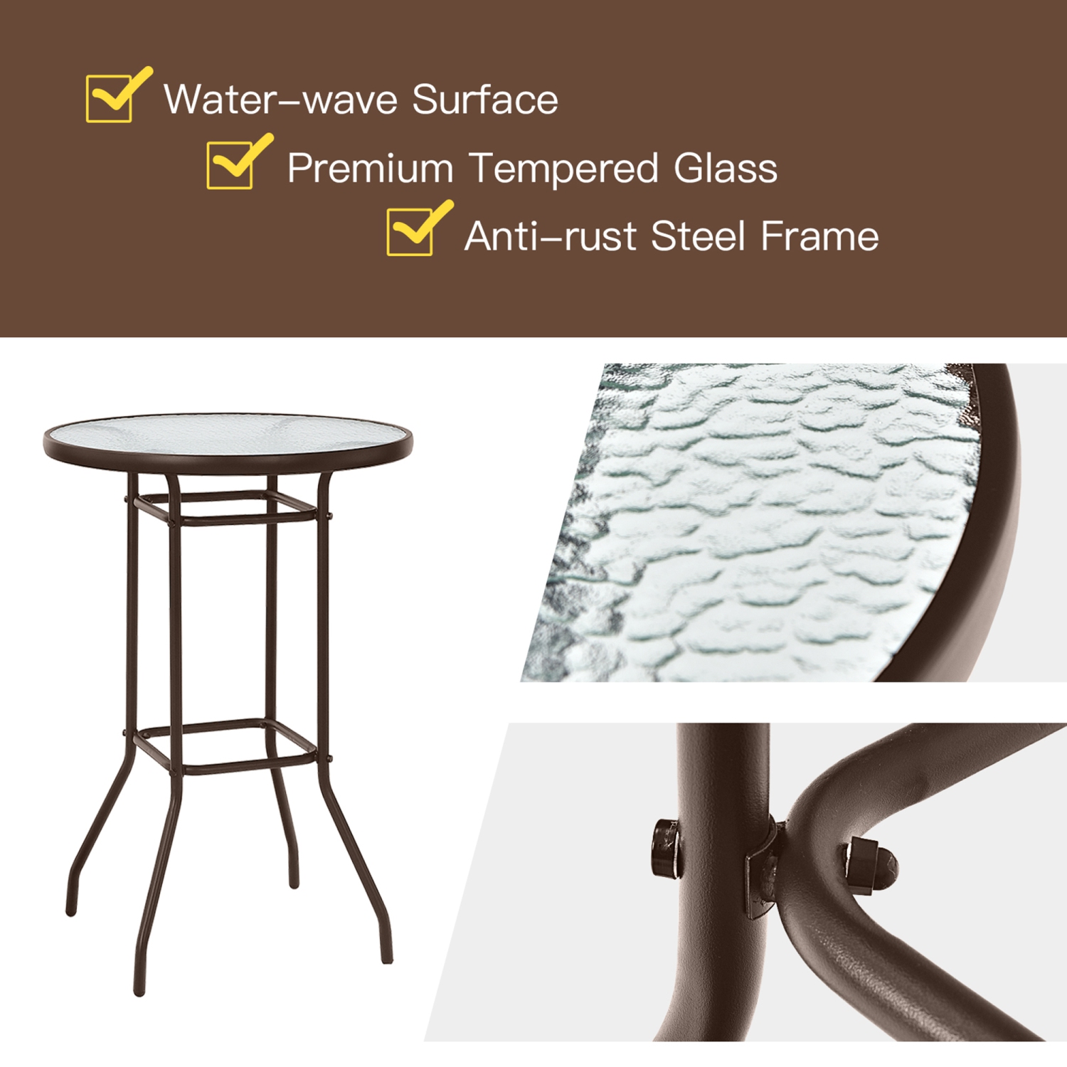 Gymax 3PCS Patio Bar Set Outdoor Bistro Set w/ 2 Stools & 1 Tempered Glass Table Brown