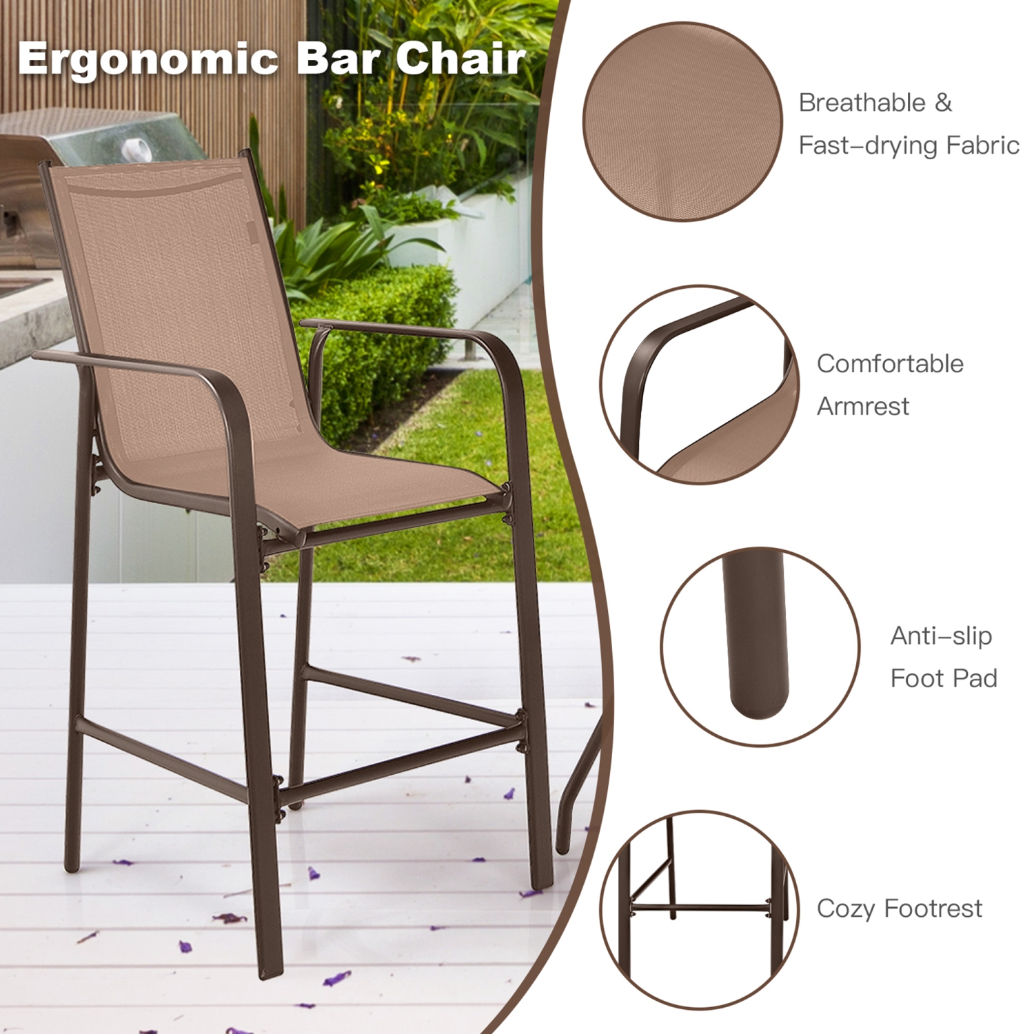 Gymax 3PCS Patio Bar Set Outdoor Bistro Set w/ 2 Stools & 1 Tempered Glass Table Brown