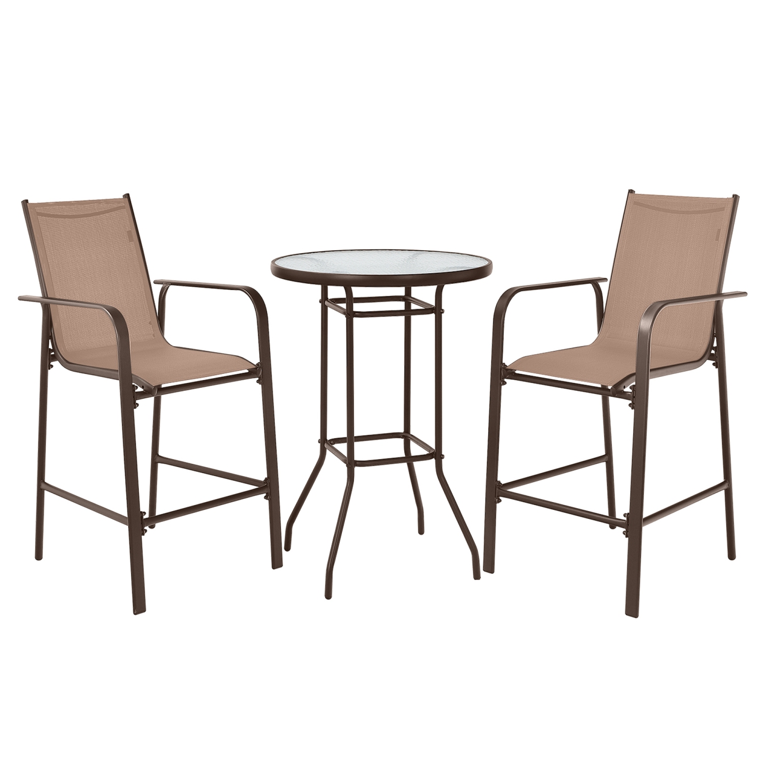 Gymax 3PCS Patio Bar Set Outdoor Bistro Set w/ 2 Stools & 1 Tempered Glass Table Brown