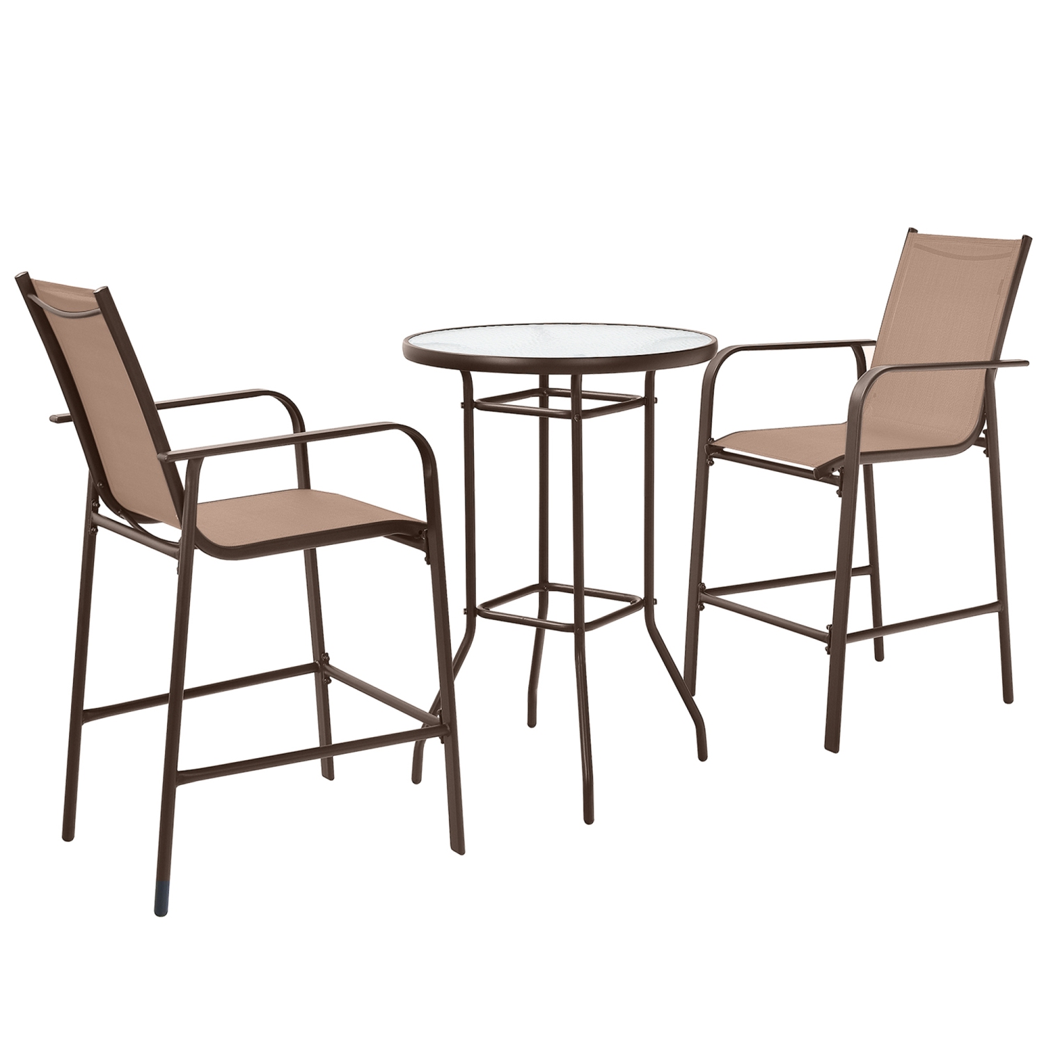 Gymax 3PCS Patio Bar Set Outdoor Bistro Set w/ 2 Stools & 1 Tempered Glass Table Brown