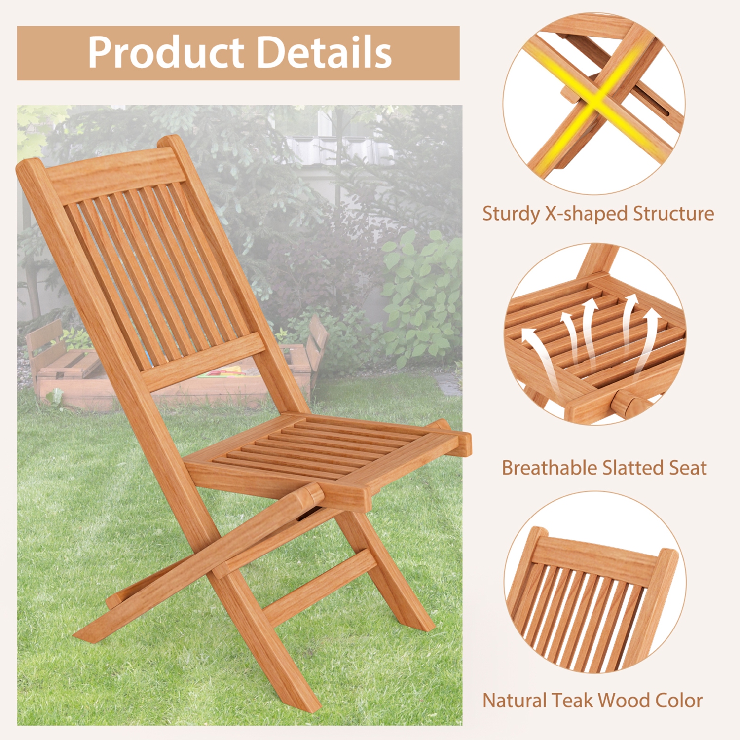Gymax Indonesia Teak Wood Outdoor Chair Folding Portable Patio Chair w/ Slatted Seat & Back