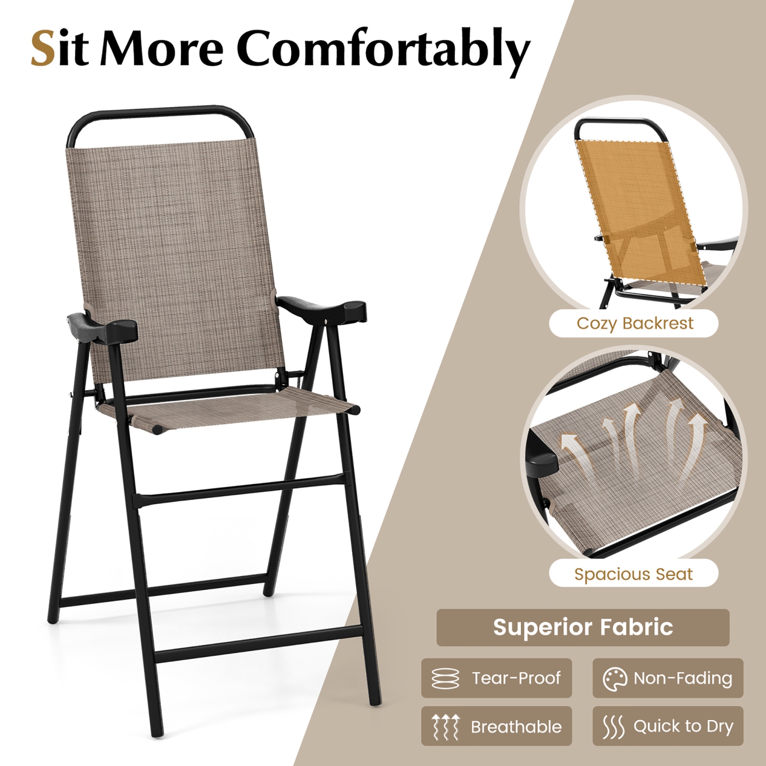 Gymax 4 PCS Patio Bar Chair Folding Bar Height Metal Frame w/ Footrest Garden Brown