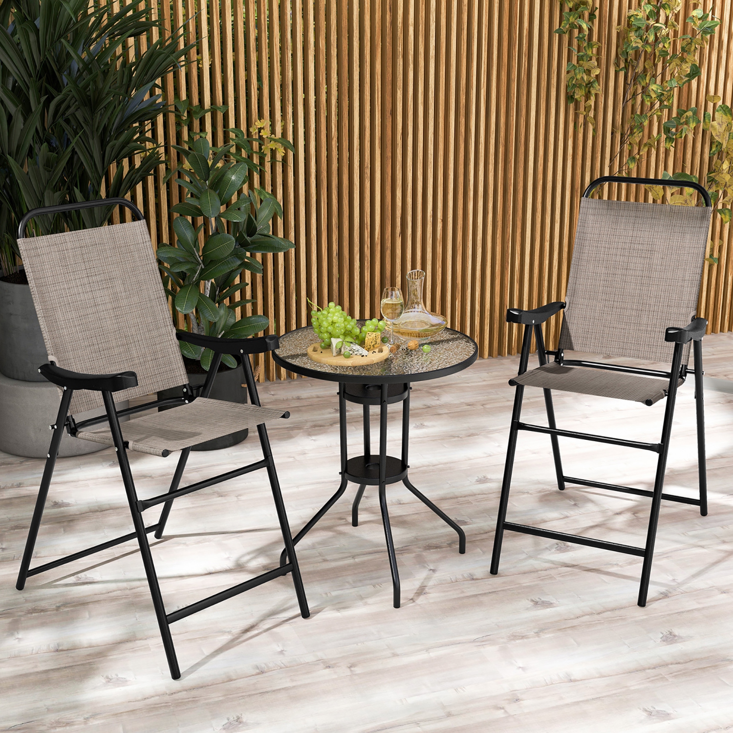Gymax 4 PCS Patio Bar Chair Folding Bar Height Metal Frame w/ Footrest Garden Brown