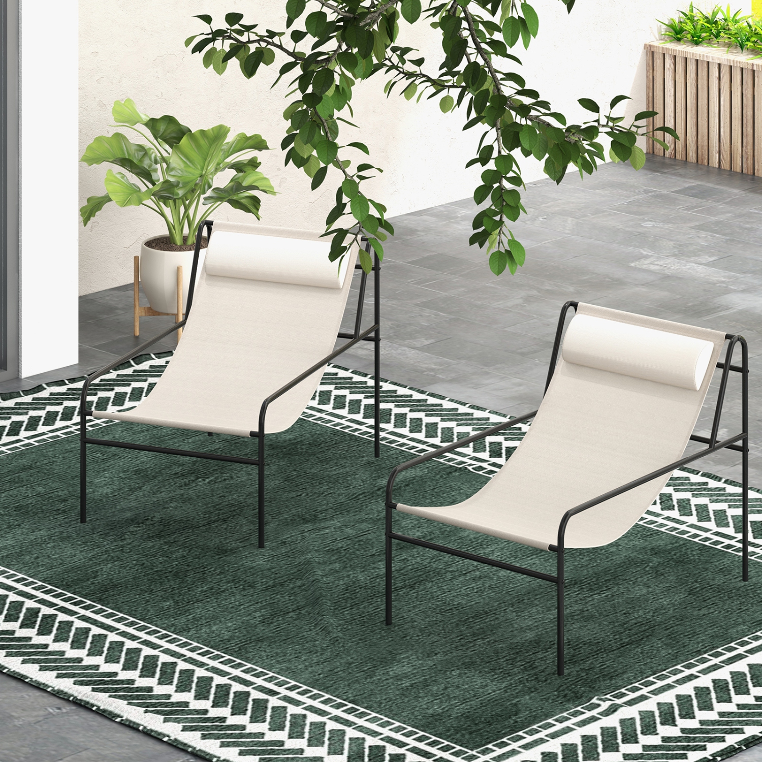 Gymax 2 Pieces Patio Sling Chair Modern Accent Chair w/ Removable Headrest & Sturdy Metal Frame