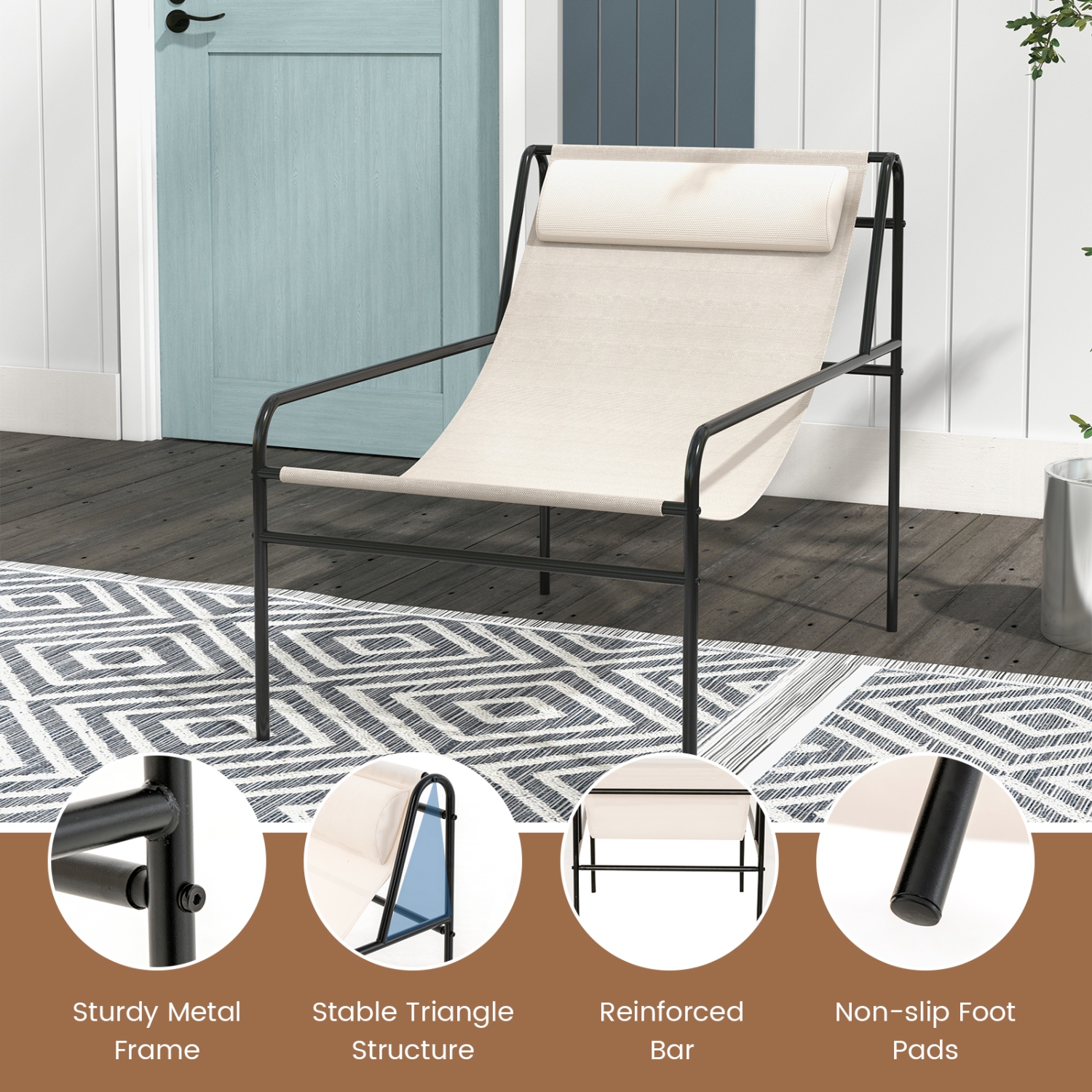 Gymax 2 Pieces Patio Sling Chair Modern Accent Chair w/ Removable Headrest & Sturdy Metal Frame