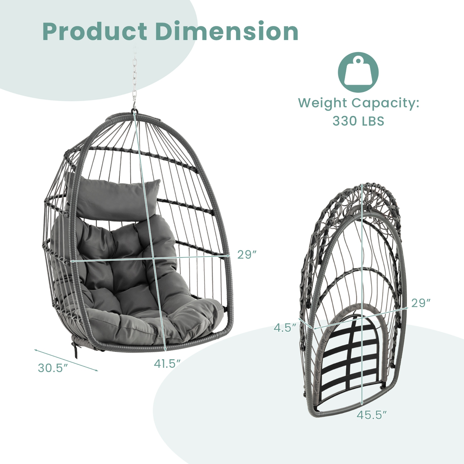 Gymax Hanging Egg Chair Swing Chair Without Stand w/ Comfrotable Head Pillow & Soft Cushion