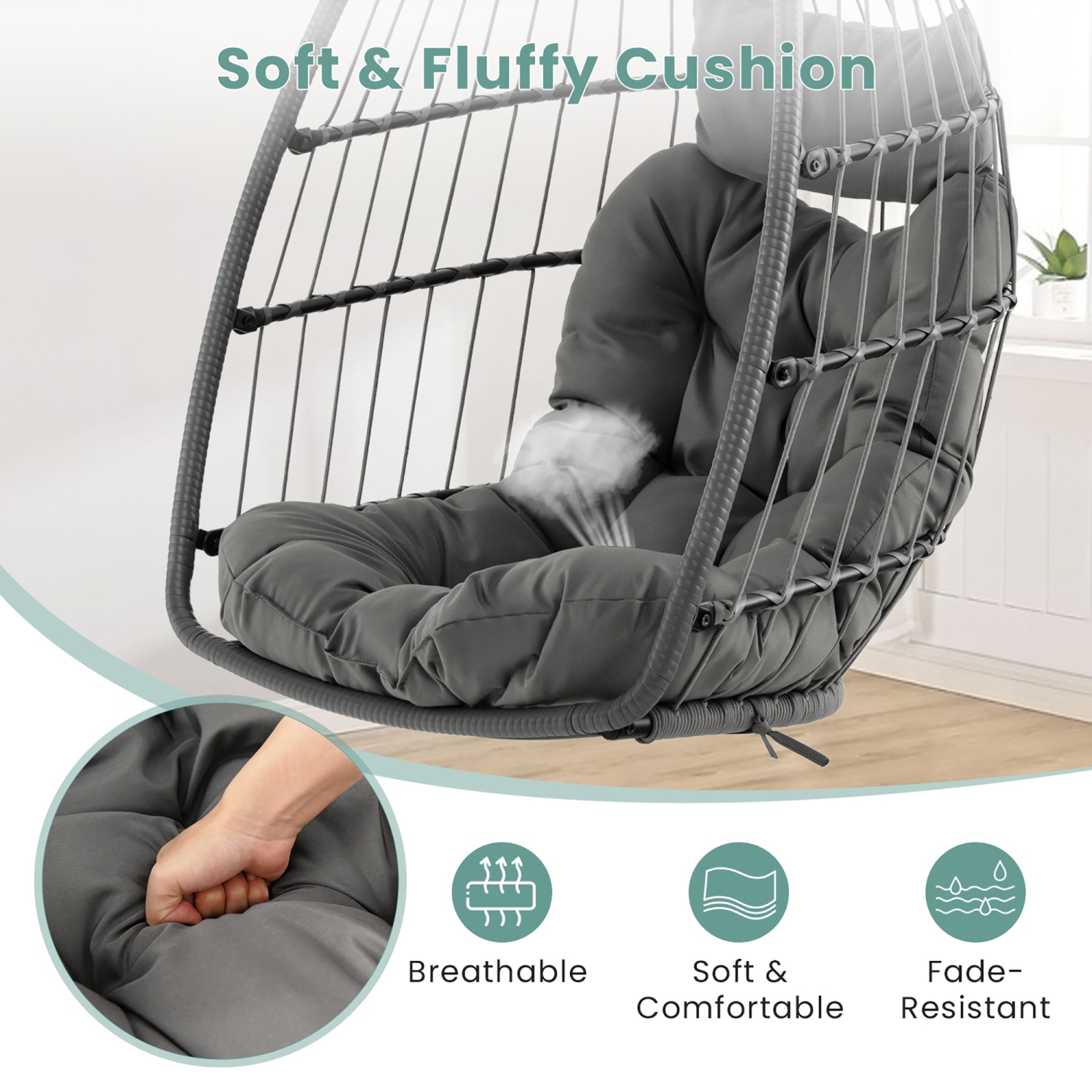 Gymax Hanging Egg Chair Swing Chair Without Stand w/ Comfrotable Head Pillow & Soft Cushion