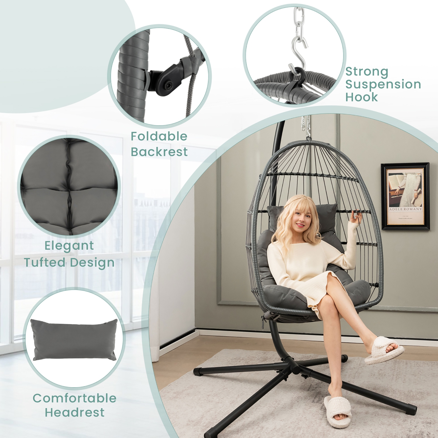 Gymax Hanging Egg Chair Swing Chair Without Stand w/ Comfrotable Head Pillow & Soft Cushion