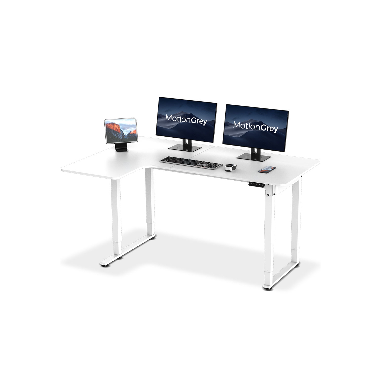 MotionGrey - Electric Height Adjustable Standing Desk, L Shaped Standing Desk, Corner Desk, Adjustable Computer Sit Stand Desk Stand - White L Shape Desk (63 Inch Table Top)