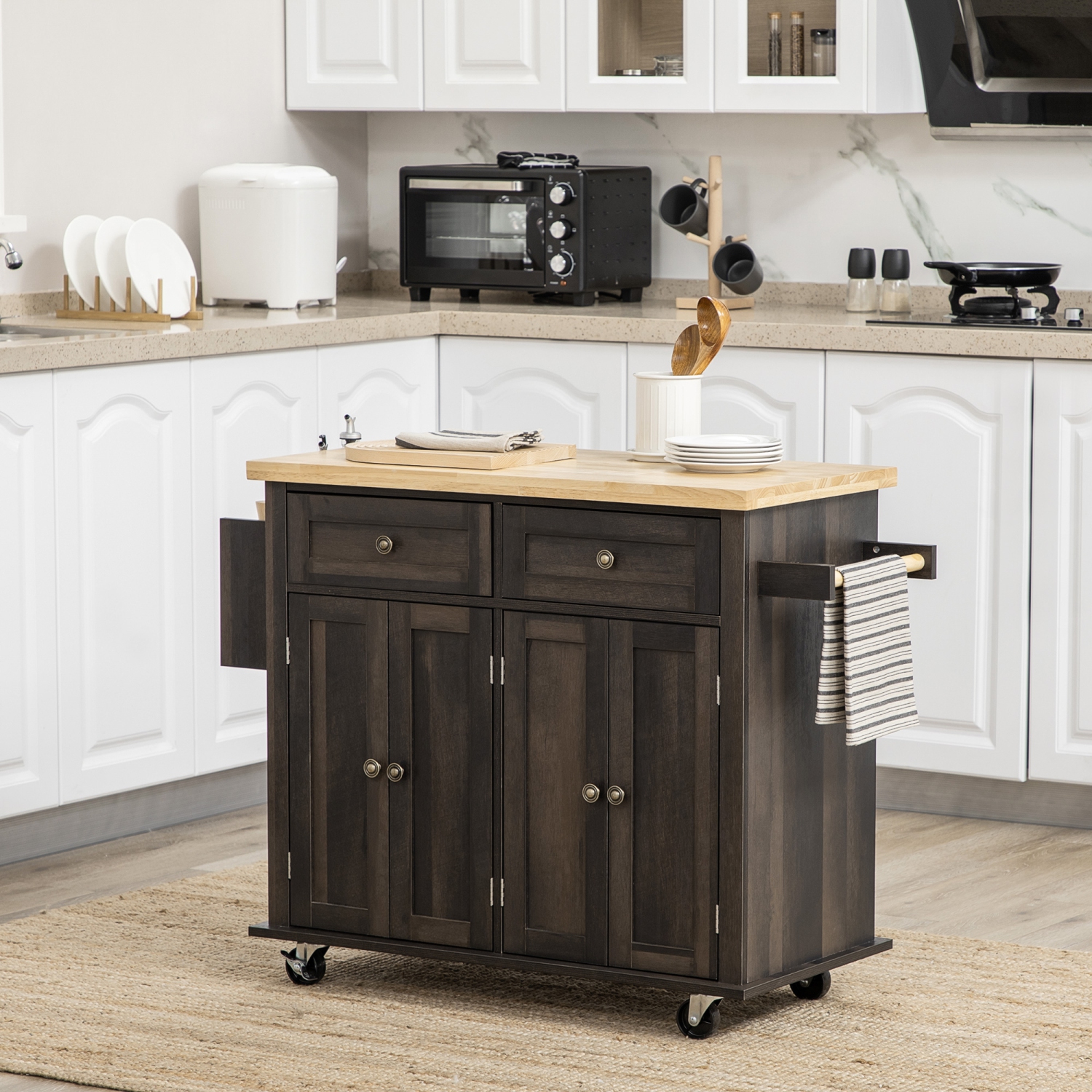 HOMCOM Kitchen Island Cart with Rubber Wood Top, Rolling Kitchen Island Table on Wheels with Drawers, Adjustable Shelves, Spice Rack and Towel Rack