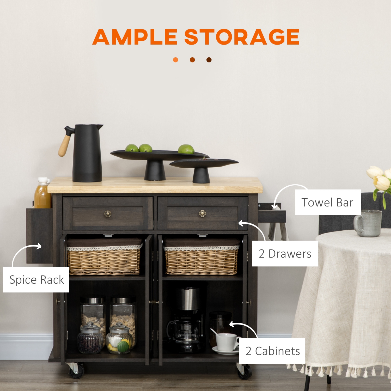 HOMCOM Kitchen Island Cart with Rubber Wood Top, Rolling Kitchen Island Table on Wheels with Drawers, Adjustable Shelves, Spice Rack and Towel Rack