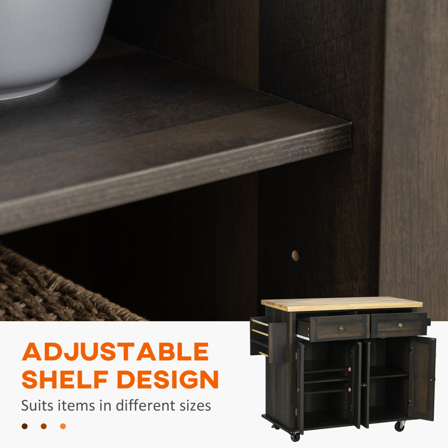 HOMCOM Kitchen Island Cart with Rubber Wood Top, Rolling Kitchen Island Table on Wheels with Drawers, Adjustable Shelves, Spice Rack and Towel Rack