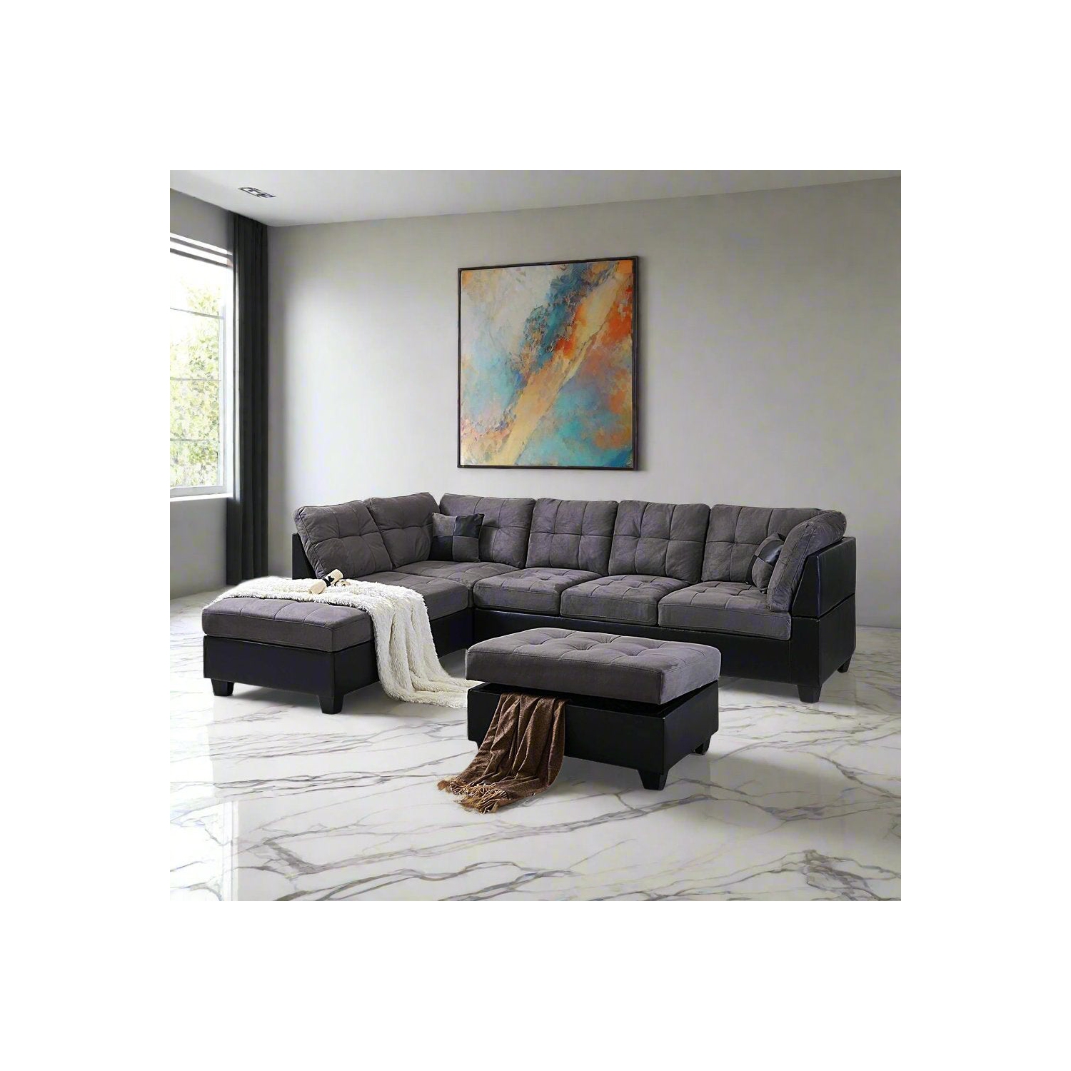 Cosmic Homes Eva Sectional Sofa Set With LHF Chaise & Storage Ottoman - Grey