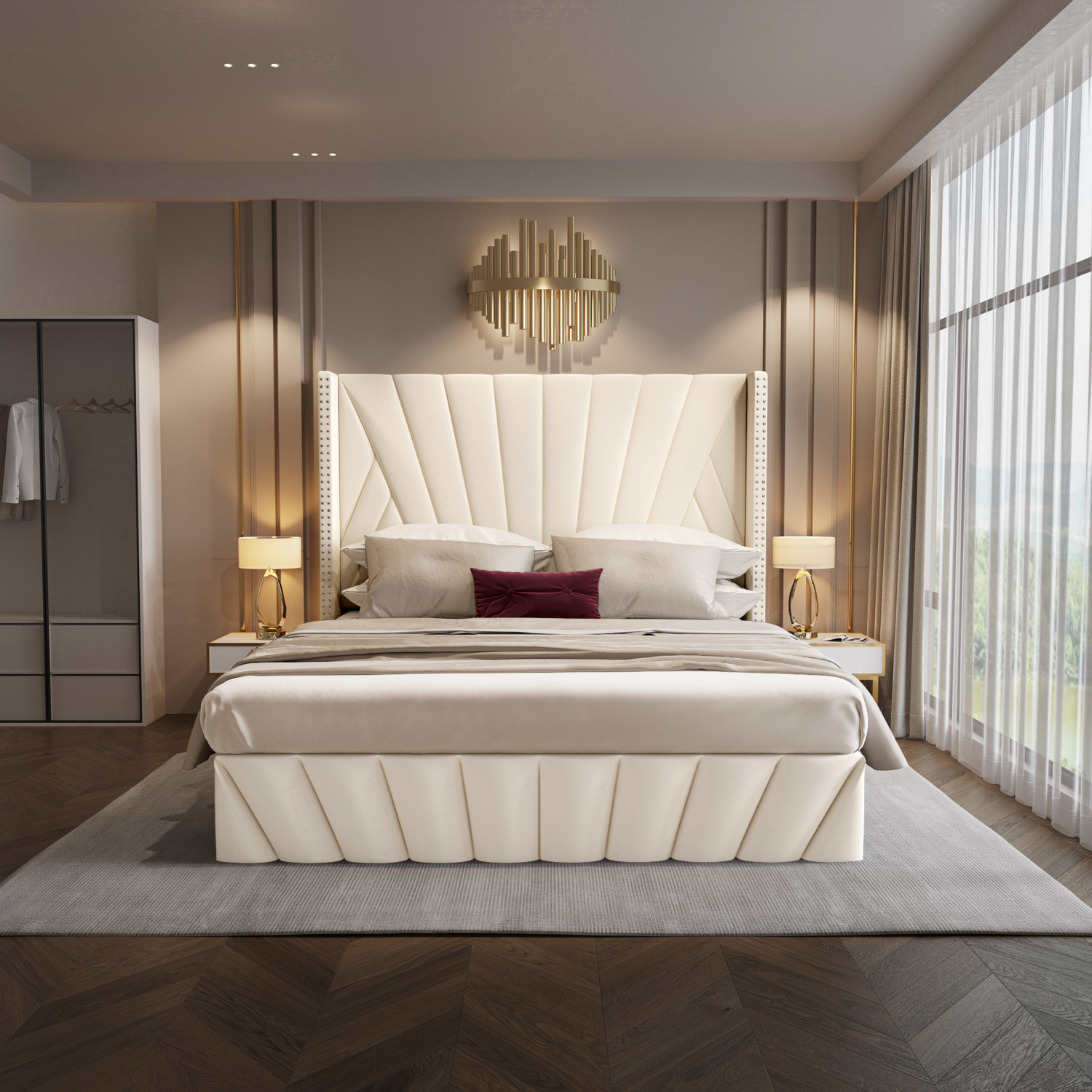 Aykah Size Velvet Upholstered Tufted Bed, Fabric, Low Profile Platform, Metal Bed Frame with High Headboard, Wood Slat Support, Modern Design, Mattress Size (Beige, King)