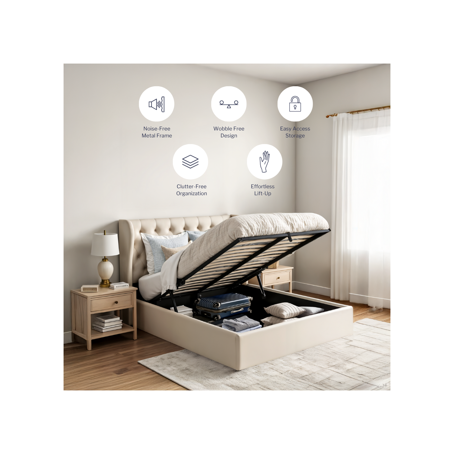 Aykah Velvet Upholstered Tufted Storage Bed, Foam Filled Luxury Fabric, Low Profile Platform, Metal Bed Frame with High Headboard, Wood Slat Support,