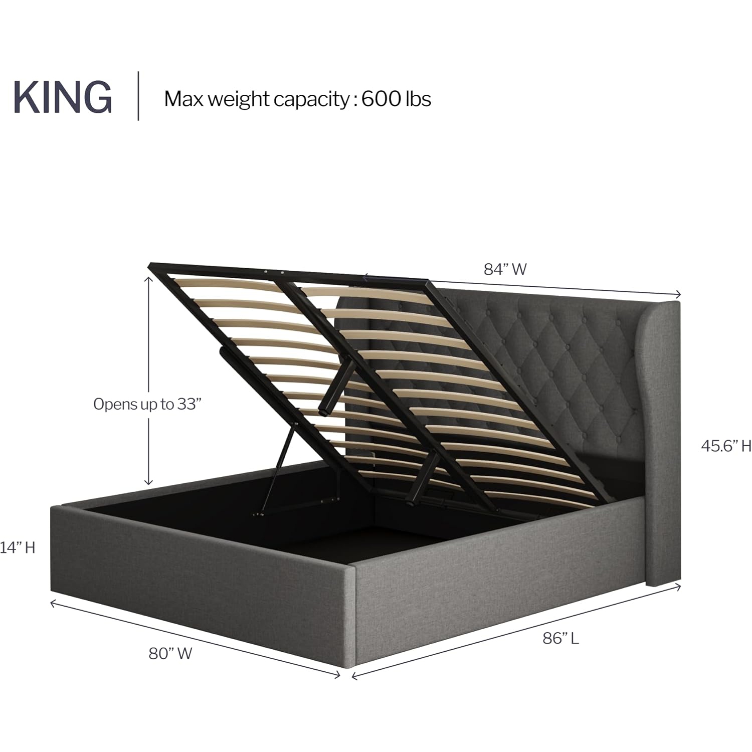 Aykah Brittany King Size Bed Frame with Storage, Metal Bed Frame with High Headboard, Wood Slat Support, No Box Spring Required, Modern Wingback