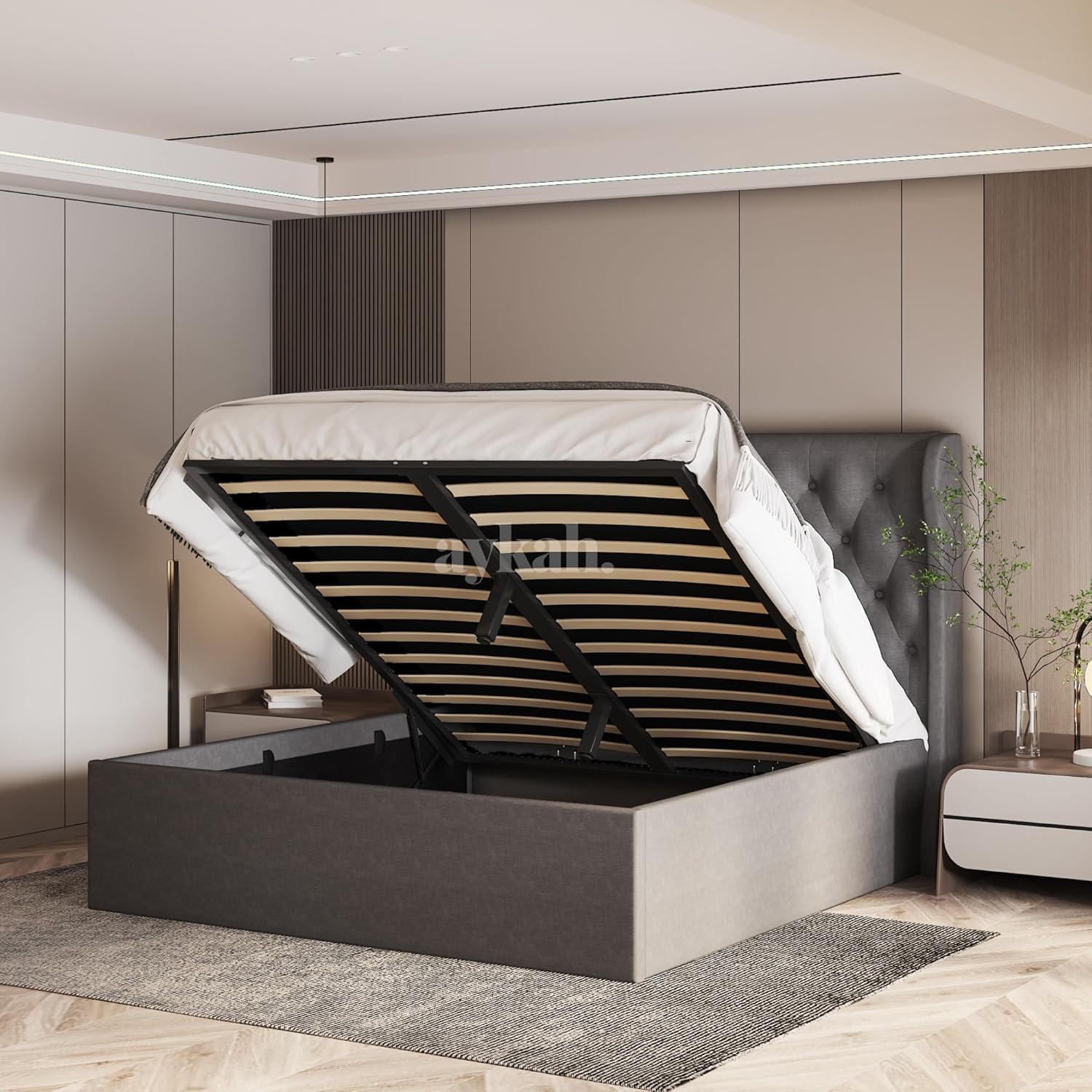 Aykah Brittany King Size Bed Frame with Storage, Metal Bed Frame with High Headboard, Wood Slat Support, No Box Spring Required, Modern Wingback