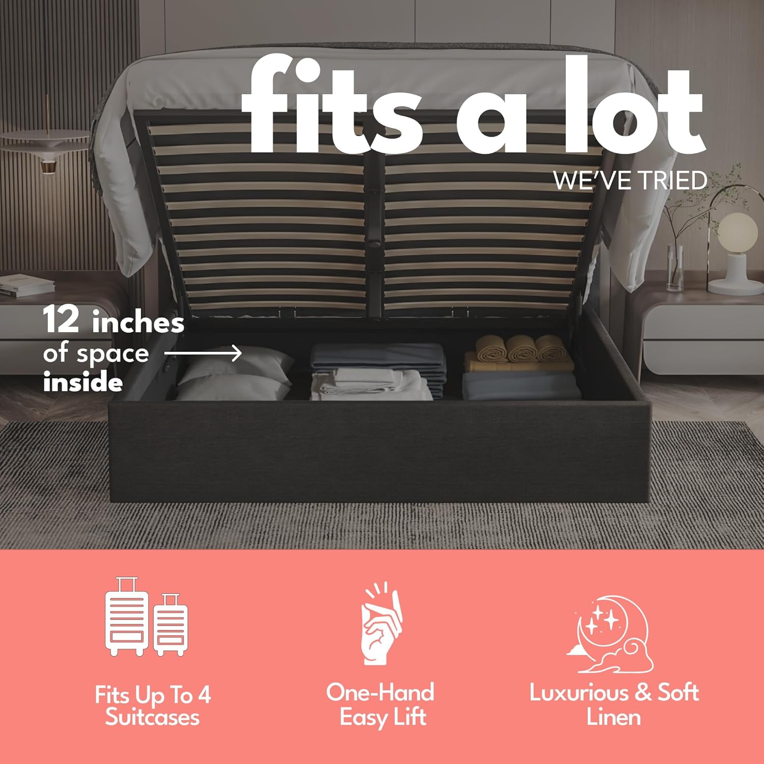 Aykah Brittany King Size Bed Frame with Storage, Metal Bed Frame with High Headboard, Wood Slat Support, No Box Spring Required, Modern Wingback