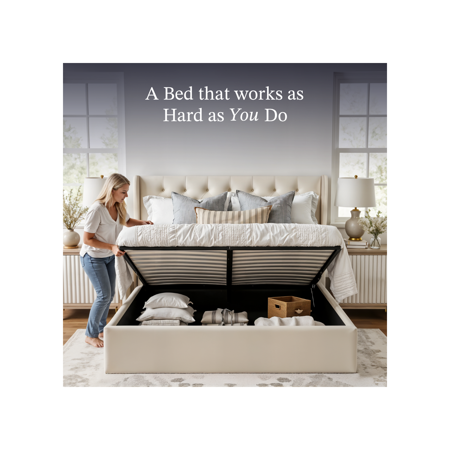 Cadre de grand lit en velours Aykah avec rangement, cadre de grand lit en métal et tête de lit haute, support de lattes en bois, aucun sommier requis