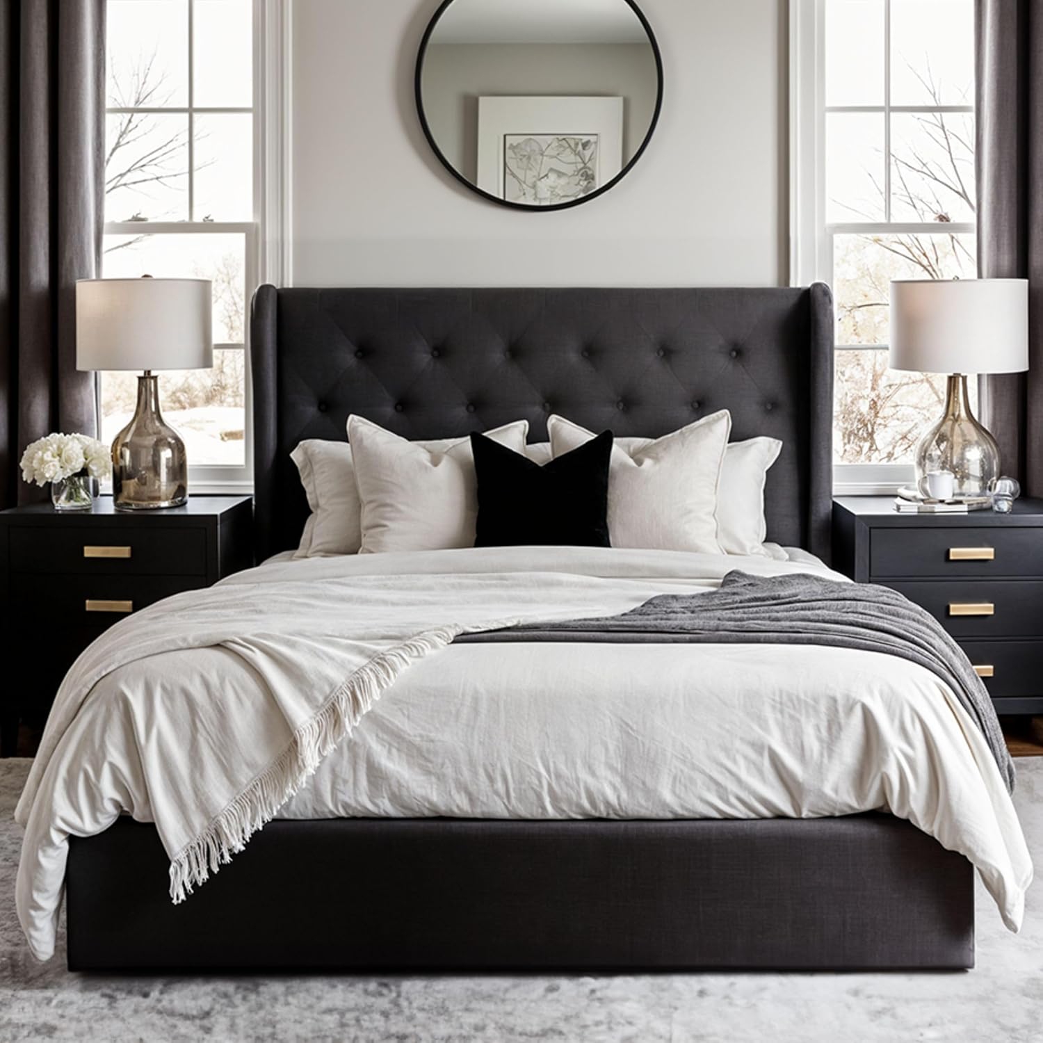 Aykah Brittany Double Size Bed Frame with Storage, Metal Bed Frame with High Headboard, Wood Slat Support, No Box Spring Required, Modern Wingback