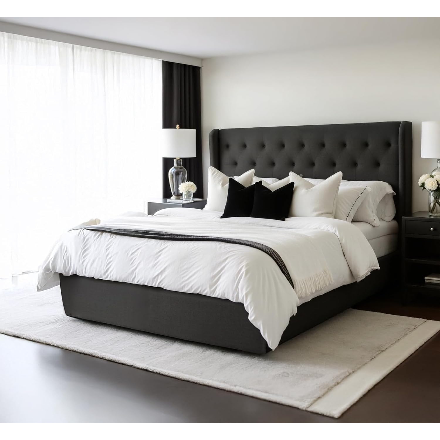 Aykah Brittany Double Size Bed Frame with Storage, Metal Bed Frame with High Headboard, Wood Slat Support, No Box Spring Required, Modern Wingback