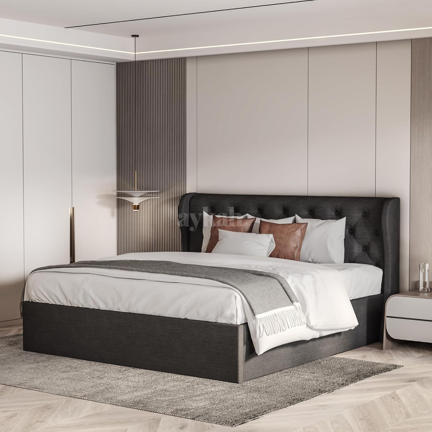 Aykah Brittany Double Size Bed Frame with Storage, Metal Bed Frame with High Headboard, Wood Slat Support, No Box Spring Required, Modern Wingback