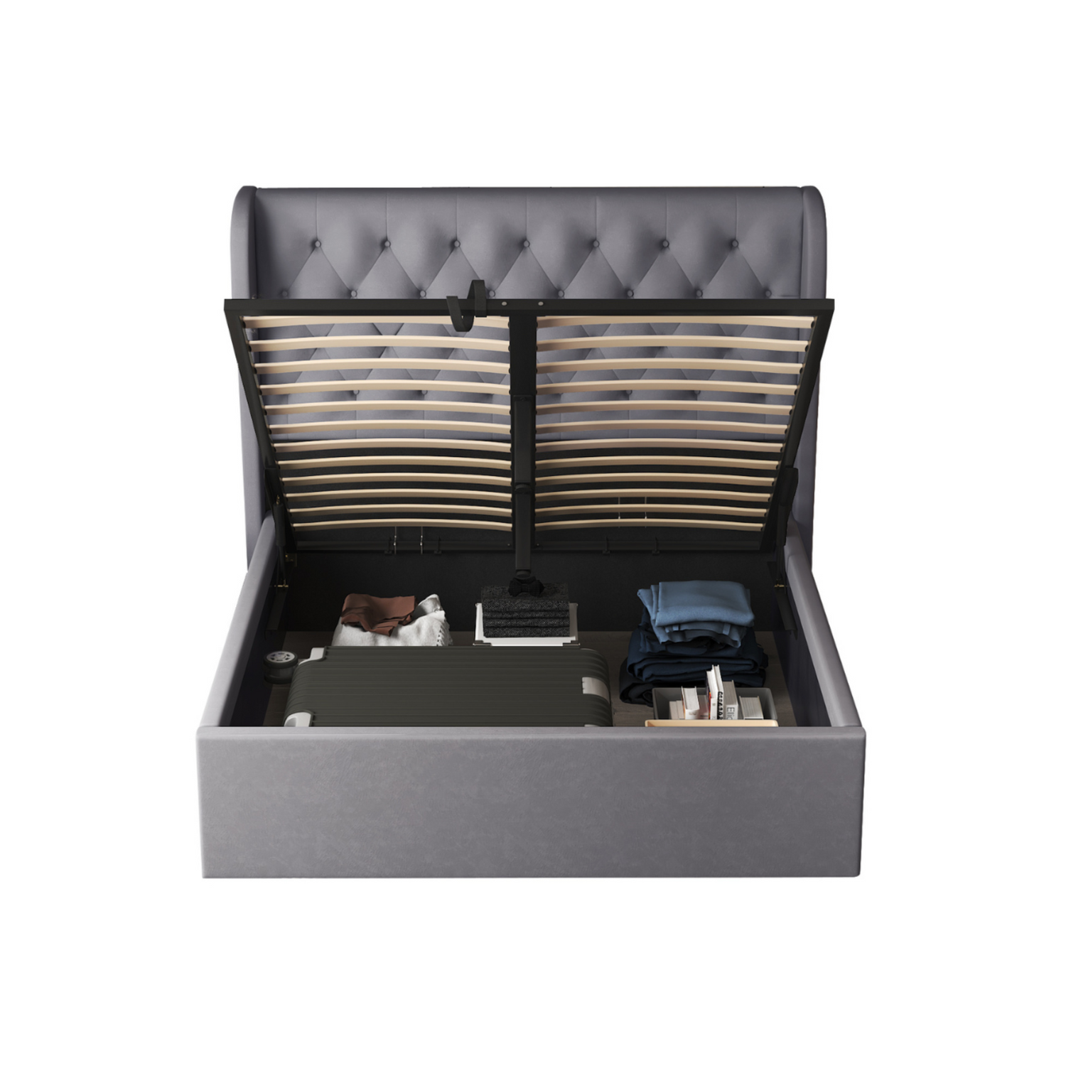 Aykah Brittany Double Size Bed Frame with Storage, Metal Bed Frame with High Headboard, Wood Slat Support, No Box Spring Required, Modern Wingback