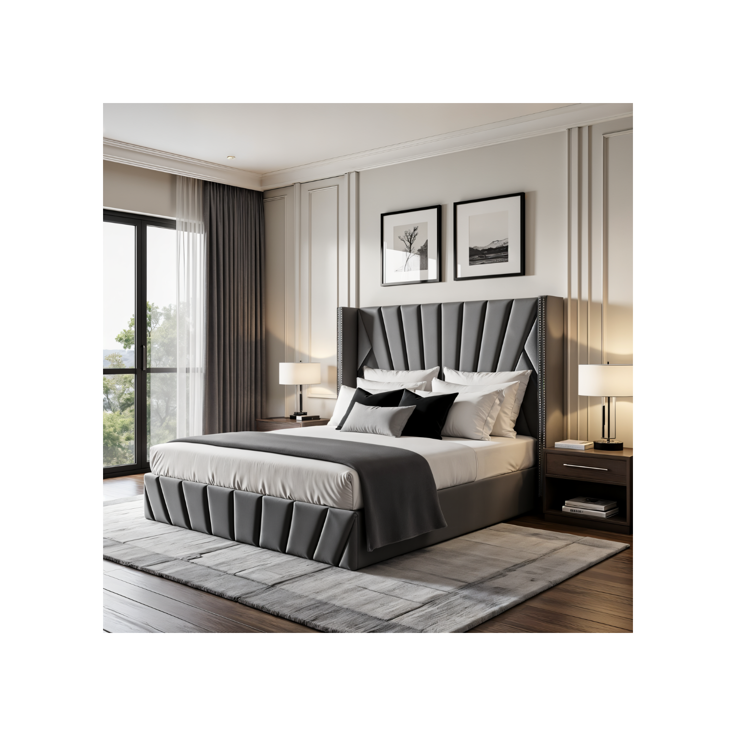 Aykah Queen Size Bed Frame with Storage, Metal Bed Frame with High Headboard, Wood Slat Support, No Box Spring Required