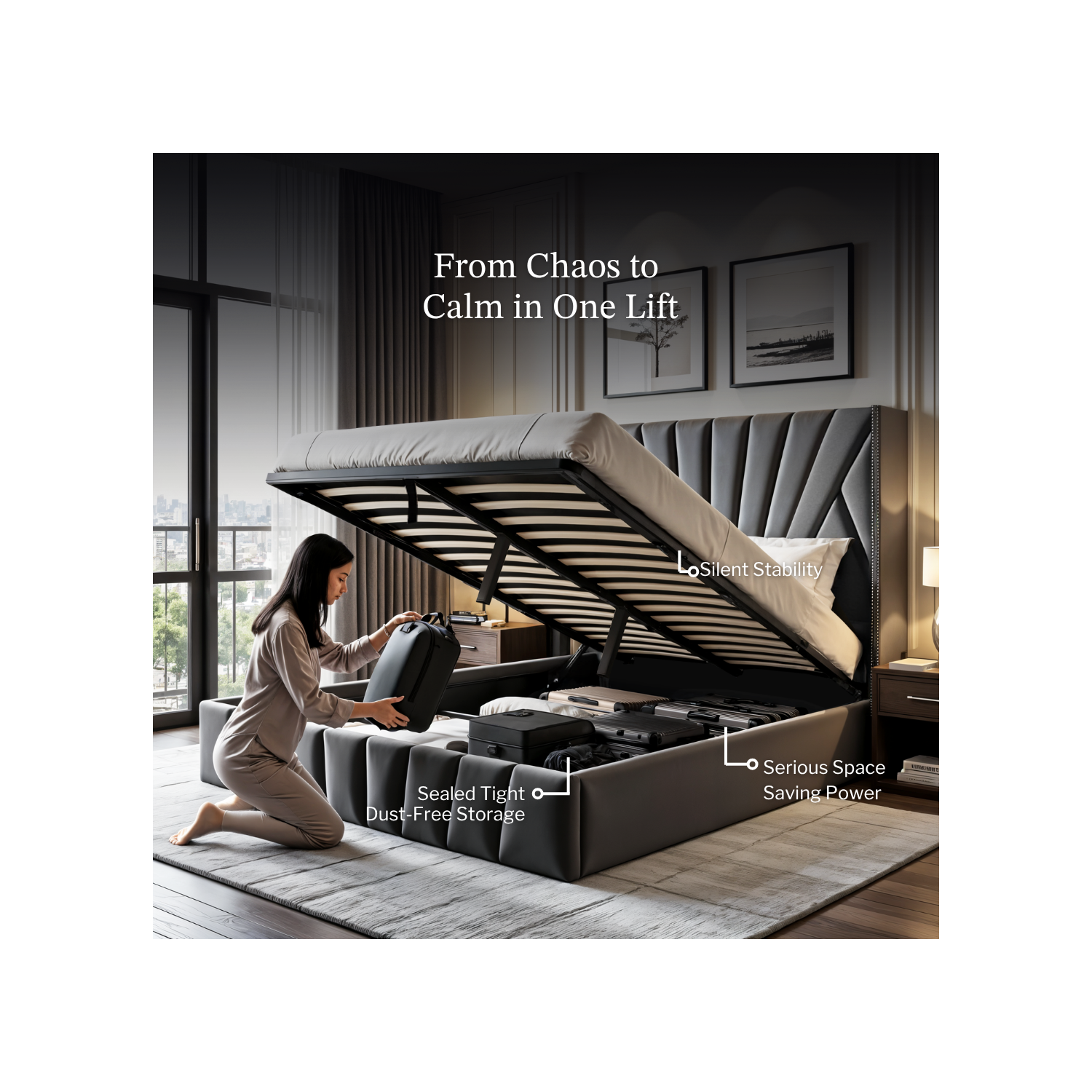 Aykah Queen Size Bed Frame with Storage, Metal Bed Frame with High Headboard, Wood Slat Support, No Box Spring Required