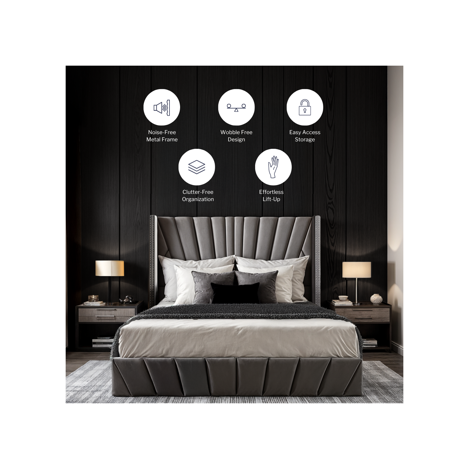 Aykah Queen Size Bed Frame with Storage, Metal Bed Frame with High Headboard, Wood Slat Support, No Box Spring Required