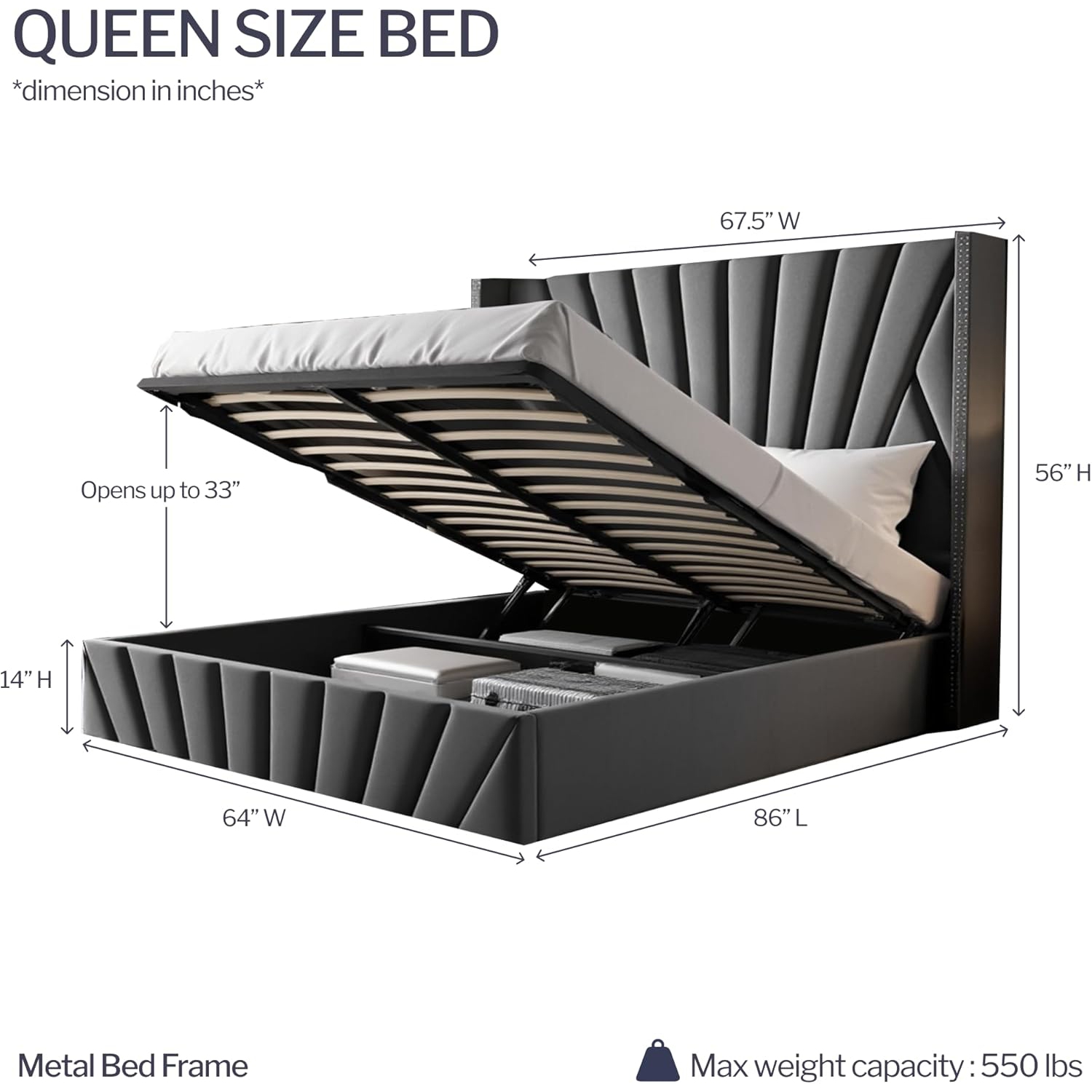 Aykah Queen Size Bed Frame with Storage, Metal Bed Frame with High Headboard, Wood Slat Support, No Box Spring Required