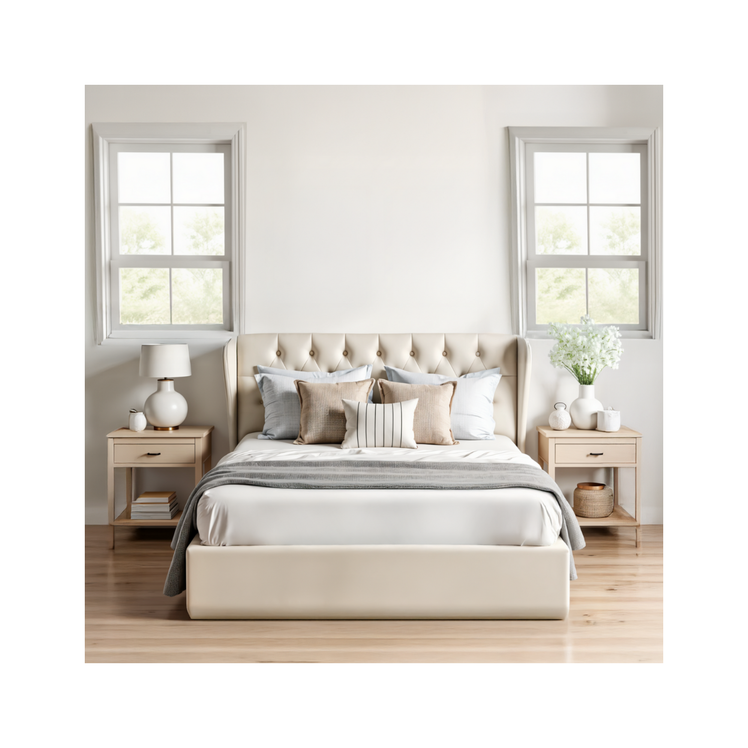 Modern Velvet King Bed Frame With Storage, Metal King Size Bed Frame with High Headboard, Wood Slat Support, No Box Spring Required