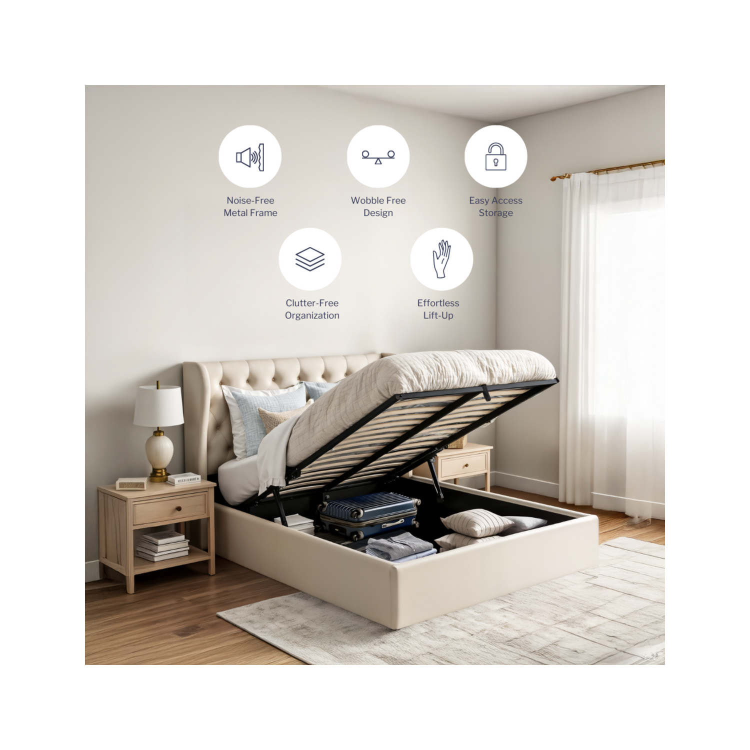 Modern Velvet King Bed Frame With Storage, Metal King Size Bed Frame with High Headboard, Wood Slat Support, No Box Spring Required