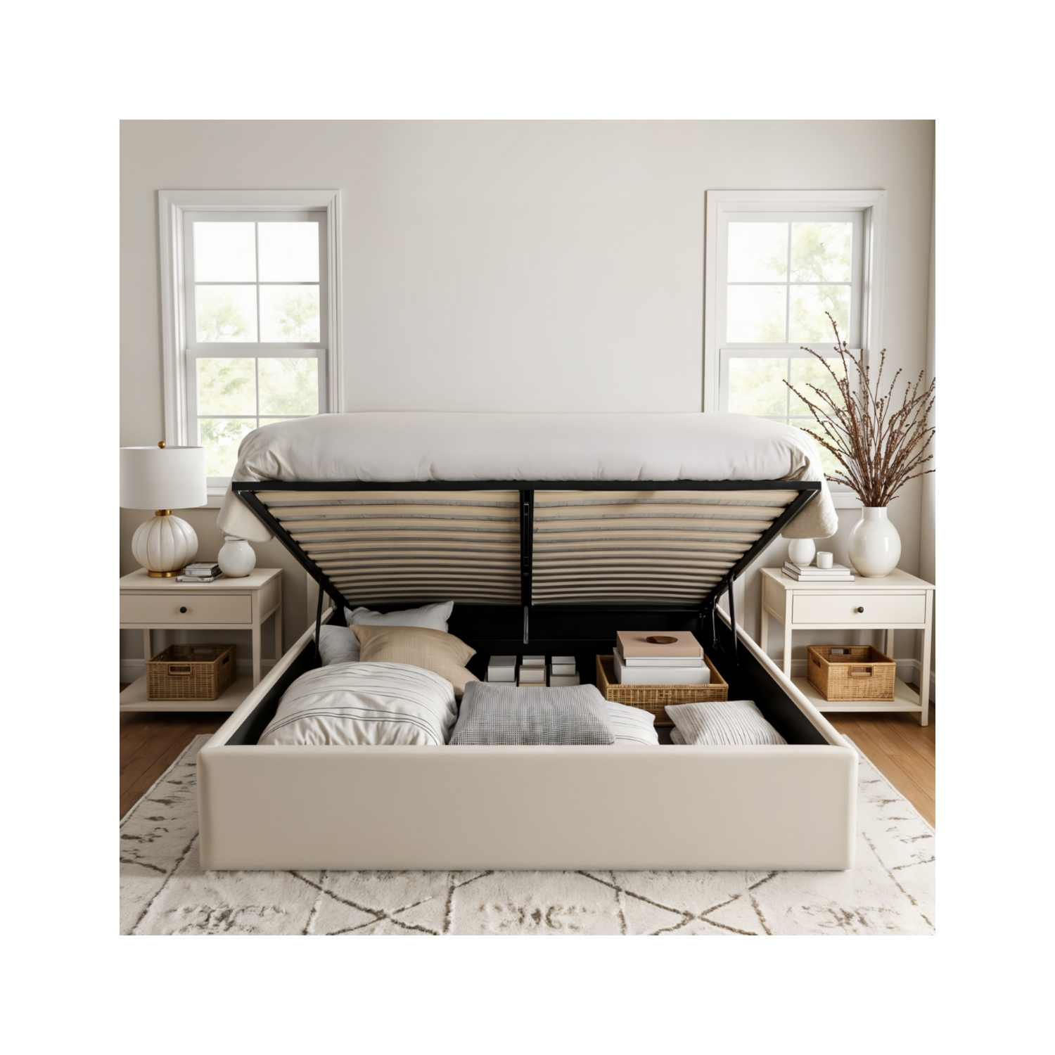 Modern Velvet King Bed Frame With Storage, Metal King Size Bed Frame with High Headboard, Wood Slat Support, No Box Spring Required