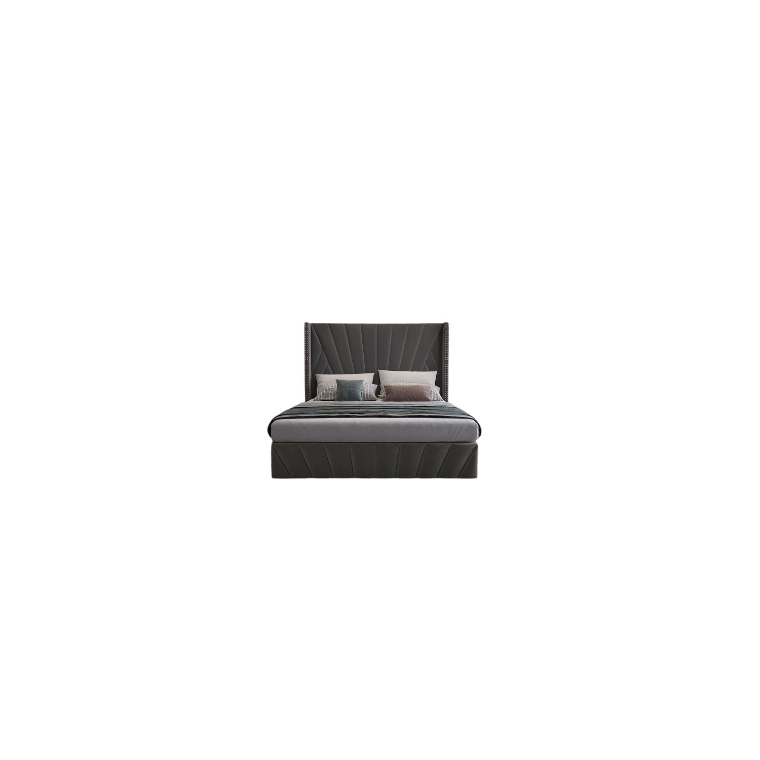 Aykah Size Velvet Upholstered Tufted Bed, Fabric, Low Profile Platform, Metal Bed Frame with High Headboard, Wood Slat Support, Modern Design, Mattress Size (Grey, King)
