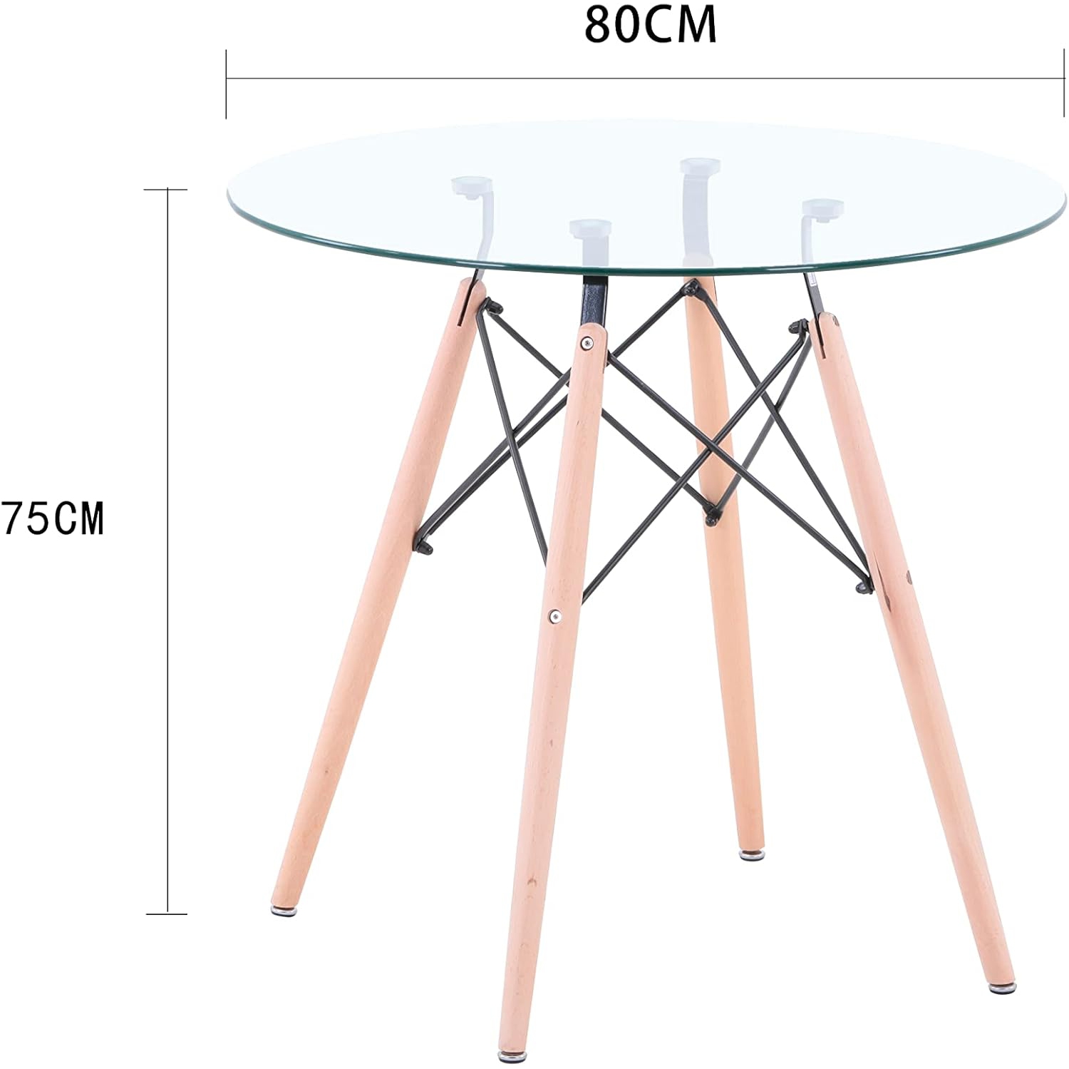 Table à dîner en verre Aykah Eiffel pour 2/4, surface en verre trempé avec pattes en bois pour la salle à manger, cuisine
