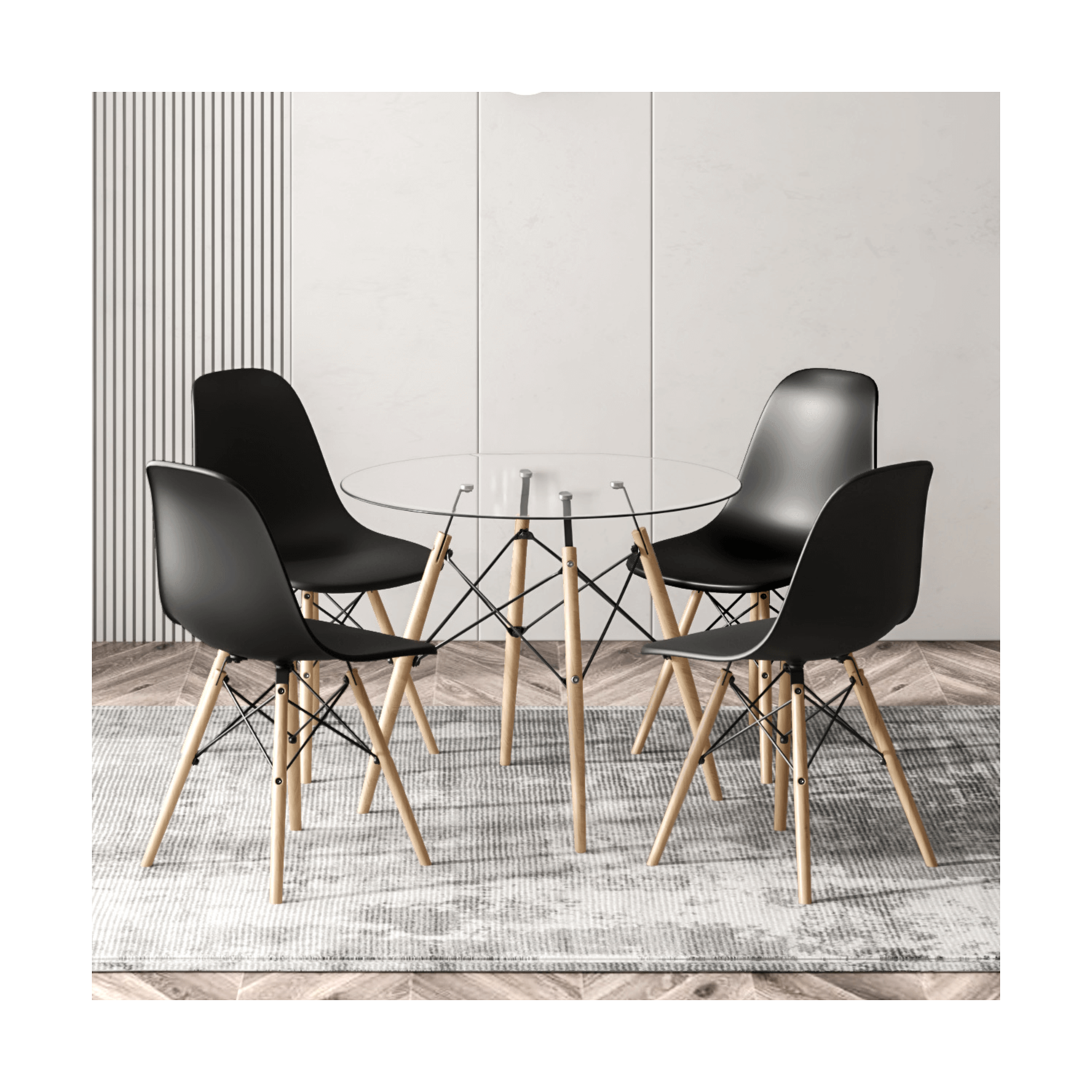 Table à dîner en verre Aykah Eiffel pour 2/4, surface en verre trempé avec pattes en bois pour la salle à manger, cuisine