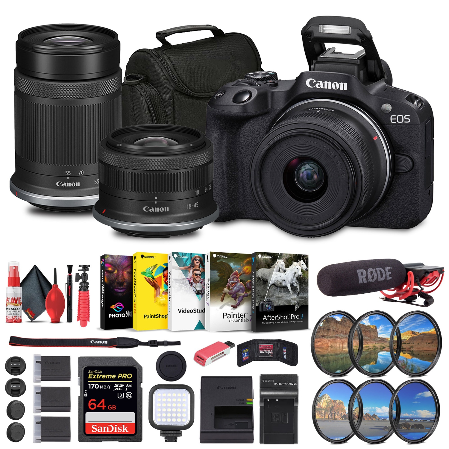 Canon EOS R50 Mirrorless Camera with 18-45mm and 55-210mm Lenses, 64GB Card, Bag, Charger and More