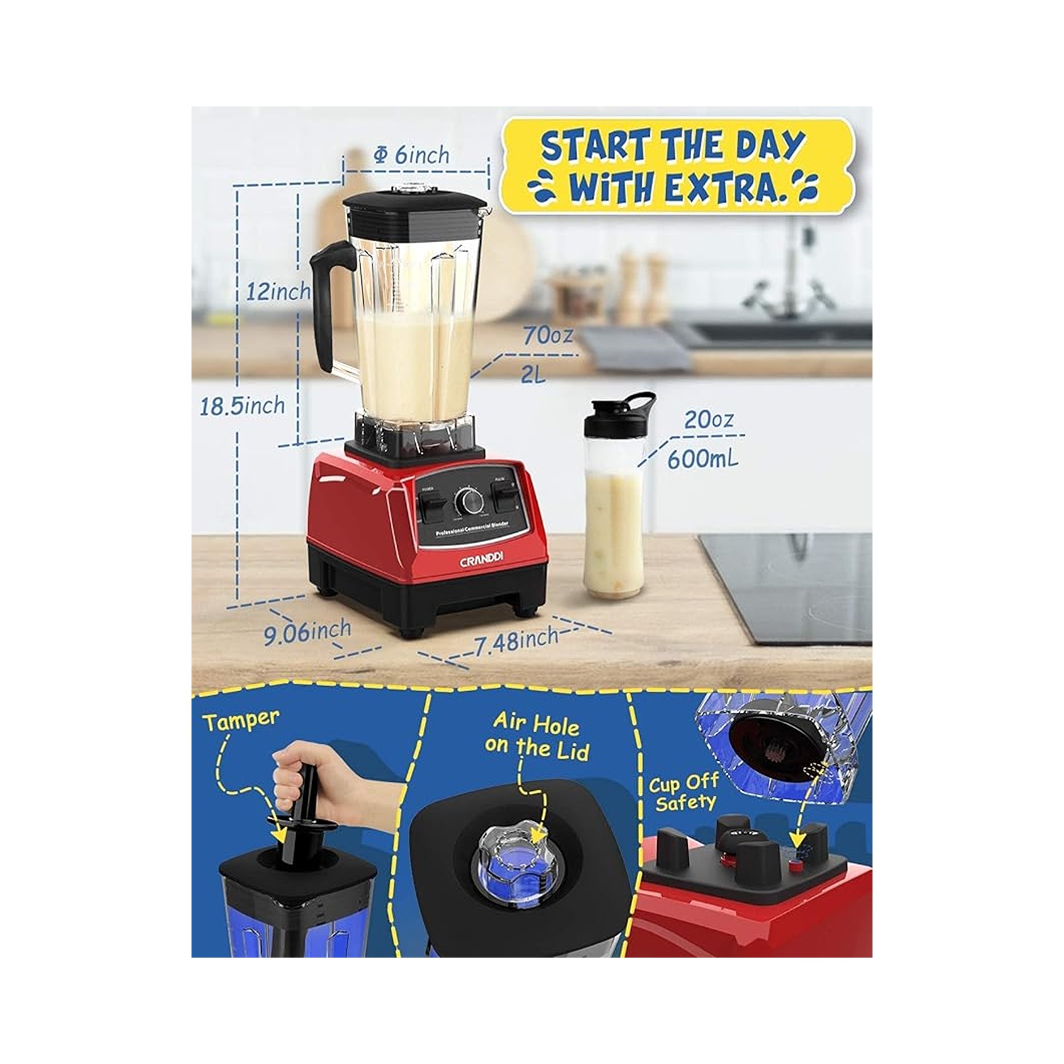 CRANDDI 1500W Professional Commercial Blender - Red